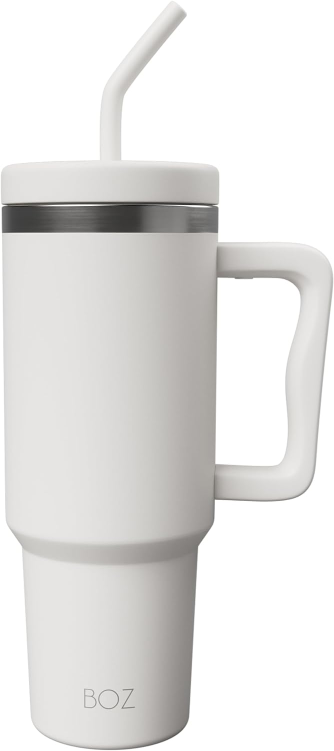 BOZ 40 oz Tumbler with Handle and Straw Lid - Cupholder-Friendly, Insulated Stainless Steel Water Bottle (White)