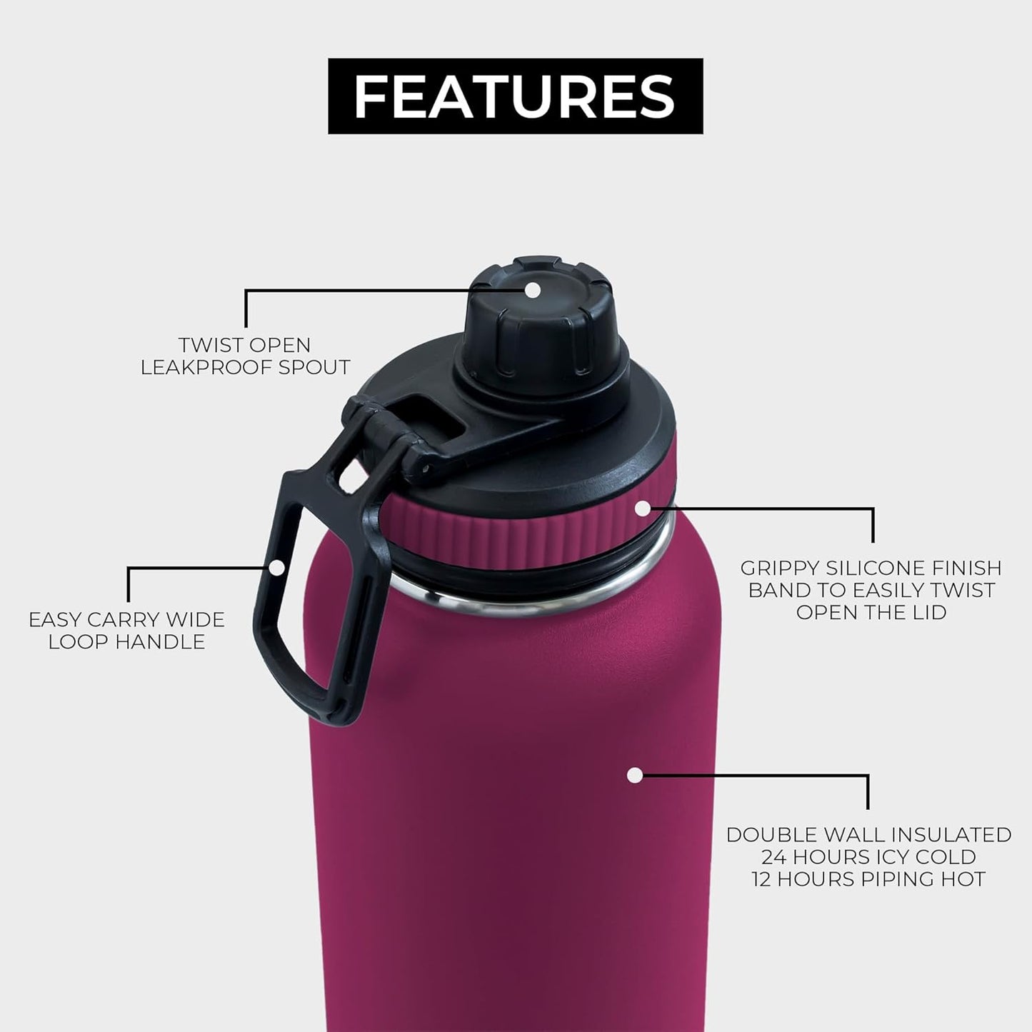 BOZ Stainless Steel Vacuum Insulated Water Bottle 32 oz - Plum