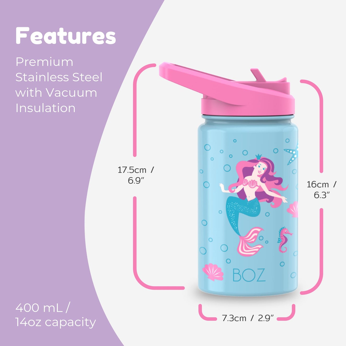 BOZ Kids 2-Pack Insulated Water Bottles with Straw Lid, 14 oz - Unicorn & Mermaid