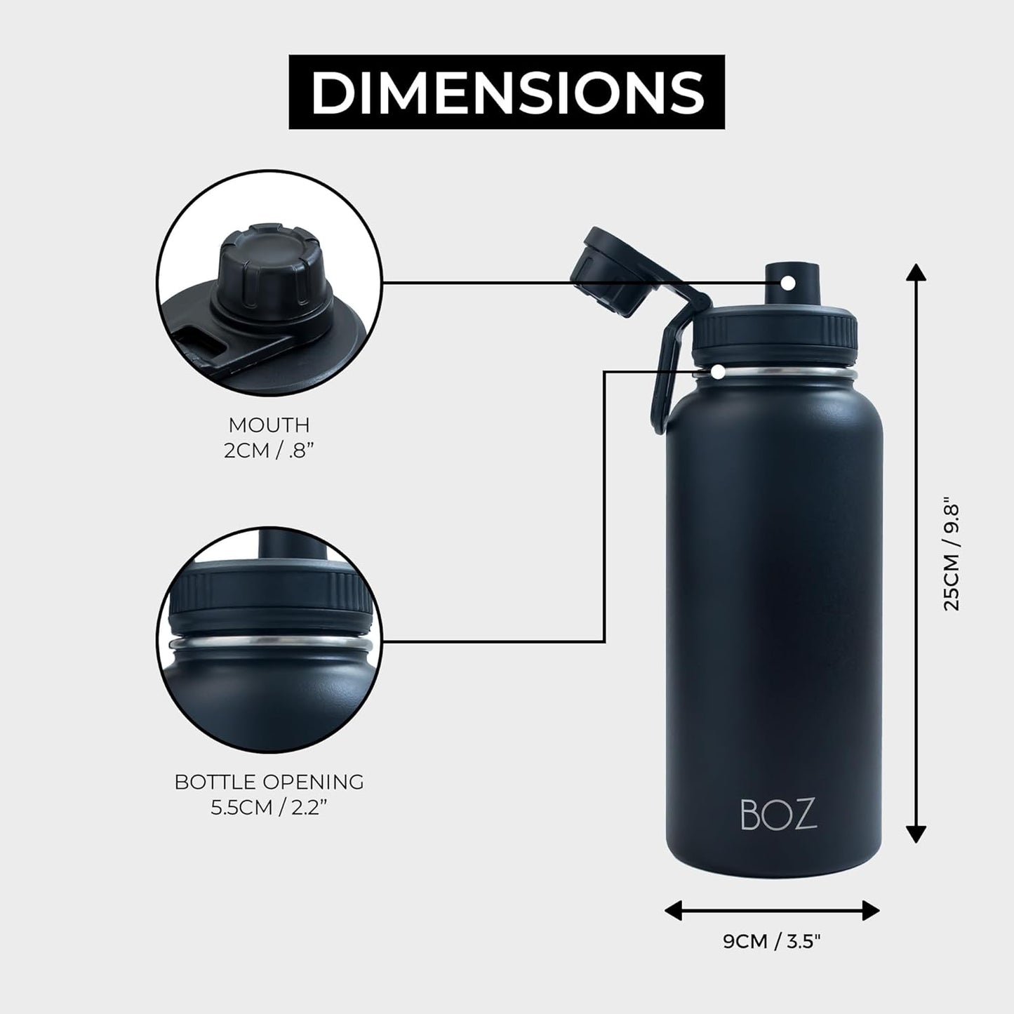BOZ 2-Pack - 32 Oz Stainless Steel Water Bottle - Vacuum Insulated Water Bottle - Grey & Black