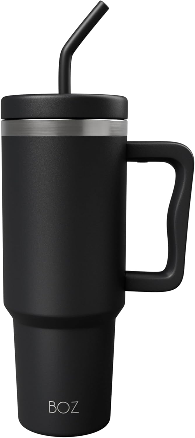 BOZ 40 oz Tumbler with Handle and Straw Lid - Cupholder-Friendly, Insulated Stainless Steel Water Bottle, Reusable Travel Mug, Ideal for Hot & Cold Beverages (Black)