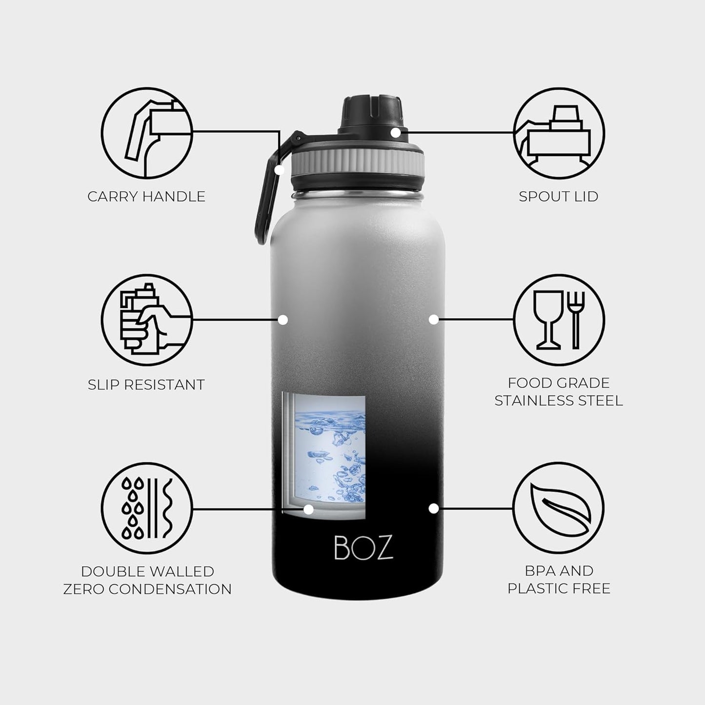 BOZ Stainless Steel Vacuum Insulated Water Bottle 32 oz - Gradient Black