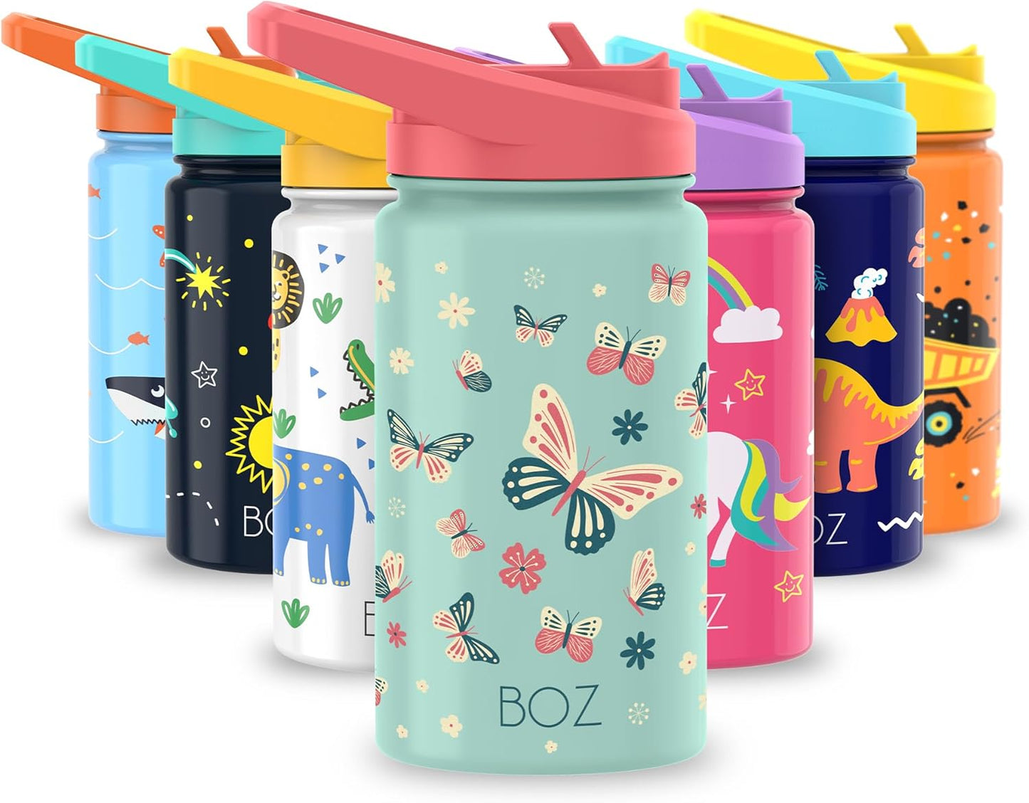 BOZ Kids 14oz Stainless Steel Insulated Water Bottle, Butterfly, Straw Lid, Leak-Proof, BPA-Free, Dishwasher-Safe