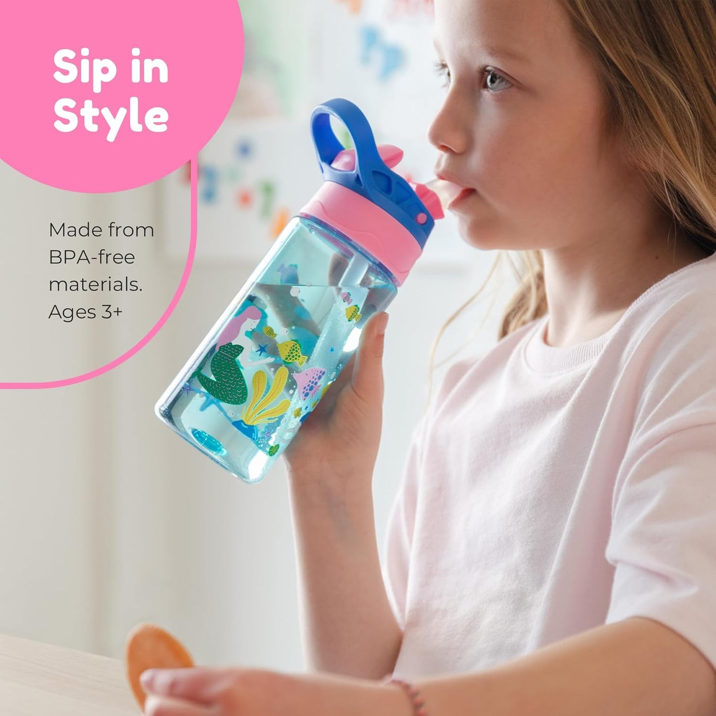 BOZ Kids 2-Pack Flip Water Bottles with Push Button Pop-Up Straw, 14 oz - Mermaid & Unicorn