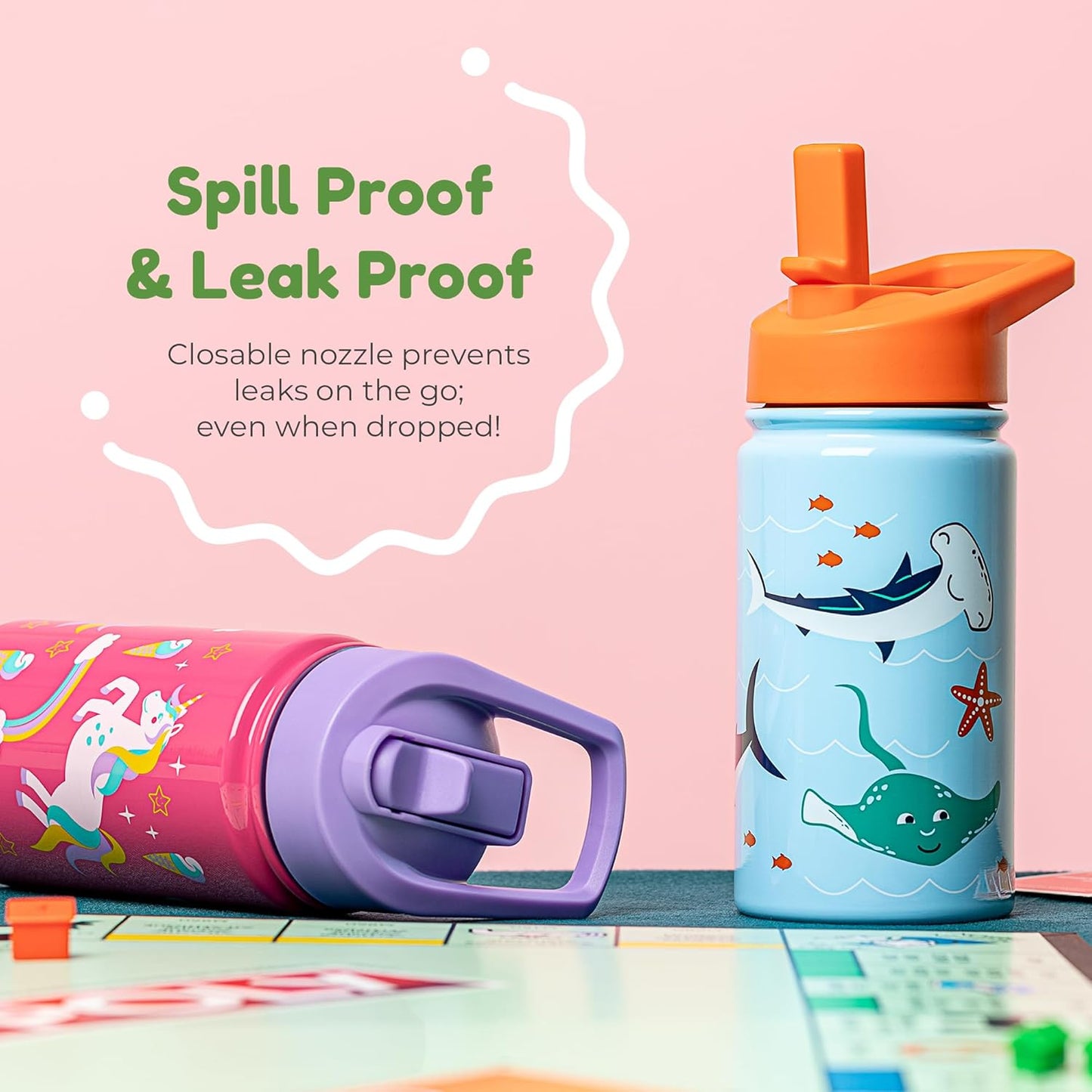 BOZ Kids 2-Pack Insulated Water Bottles with Straw Lid, 14 oz - Game & Car