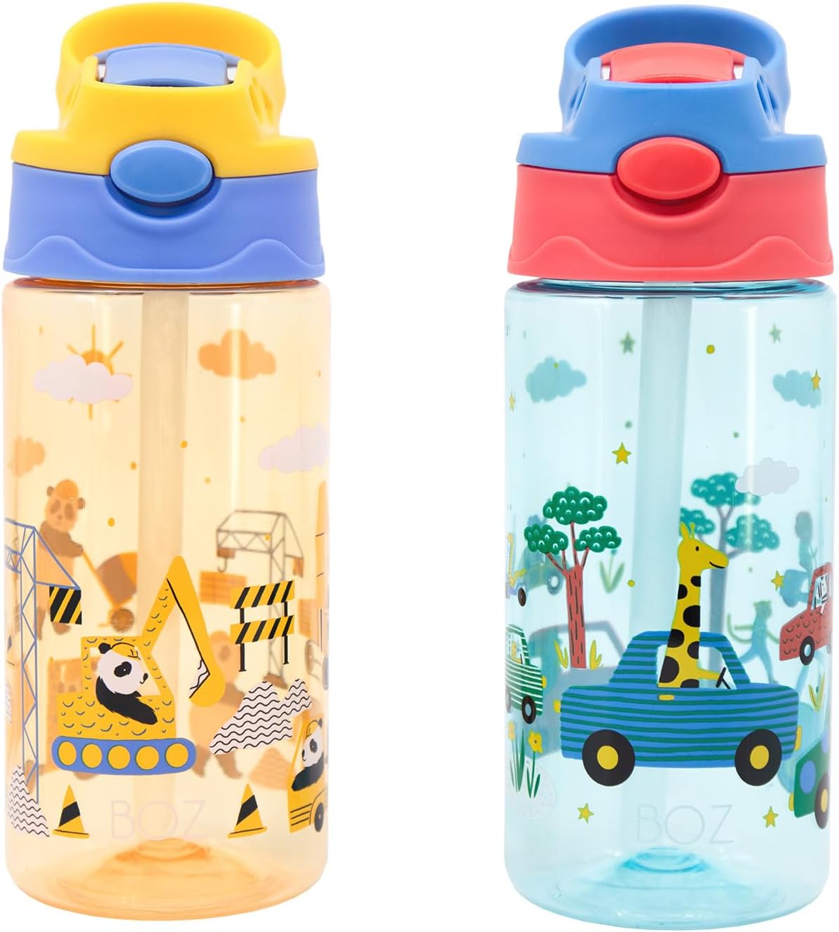 BOZ Kids 2-Pack Flip Water Bottles with Push Button Pop-Up Straw, 14 oz - Cars & Construction