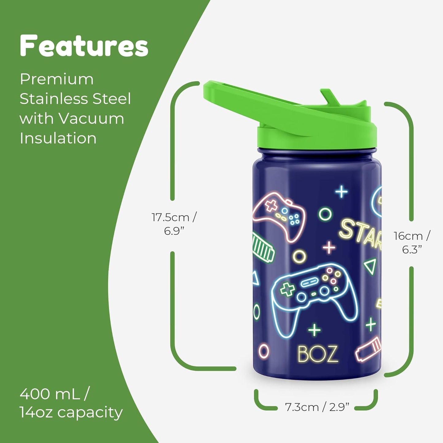 BOZ Kids 2-Pack Insulated Water Bottles with Straw Lid, 14 oz - Game & Car