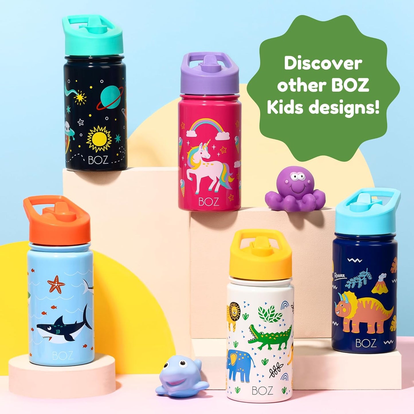 BOZ Kids 2-Pack Insulated Water Bottles with Straw Lid, 14 oz - Game & Car