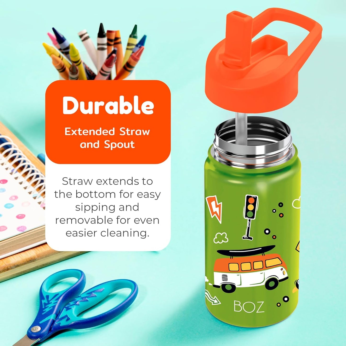 BOZ Kids Insulated Water Bottle with Straw Lid, 14 oz - Cars