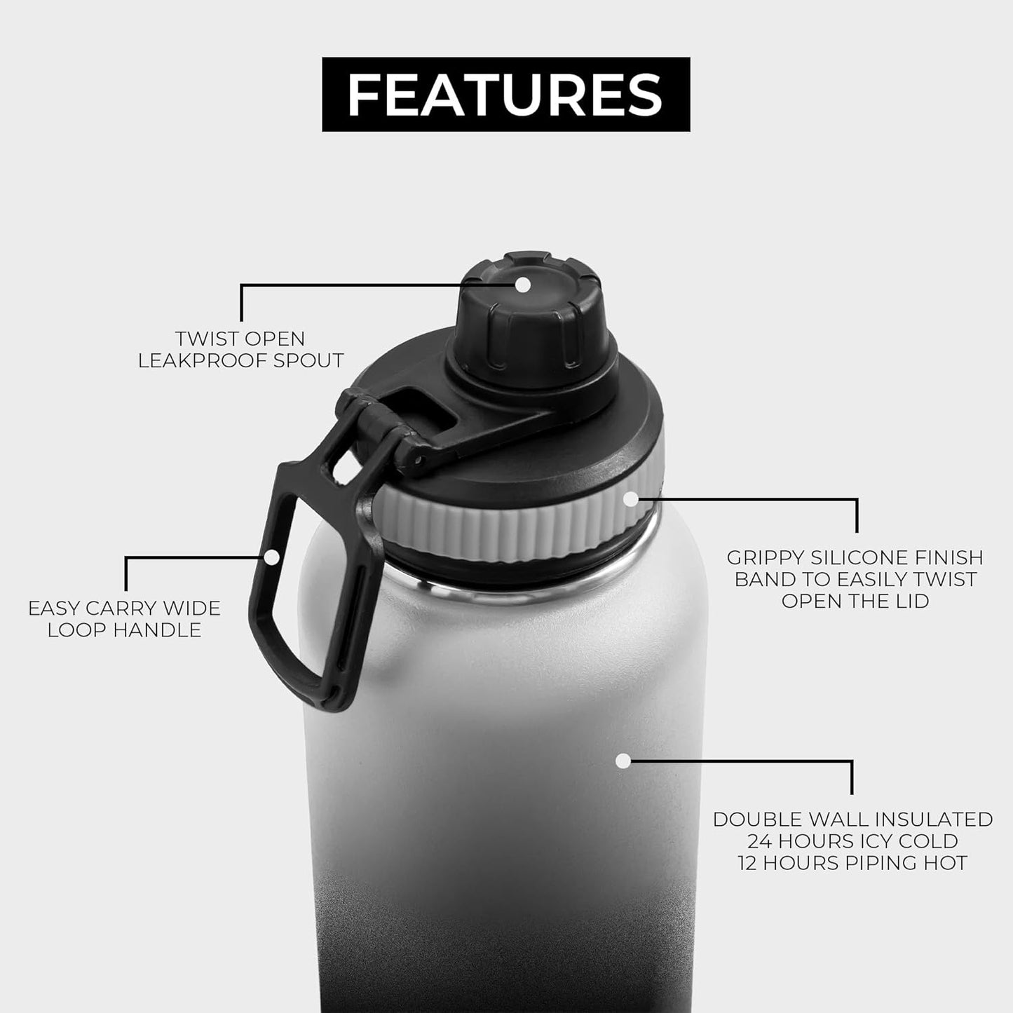 BOZ Stainless Steel Vacuum Insulated Water Bottle 32 oz - Gradient Black
