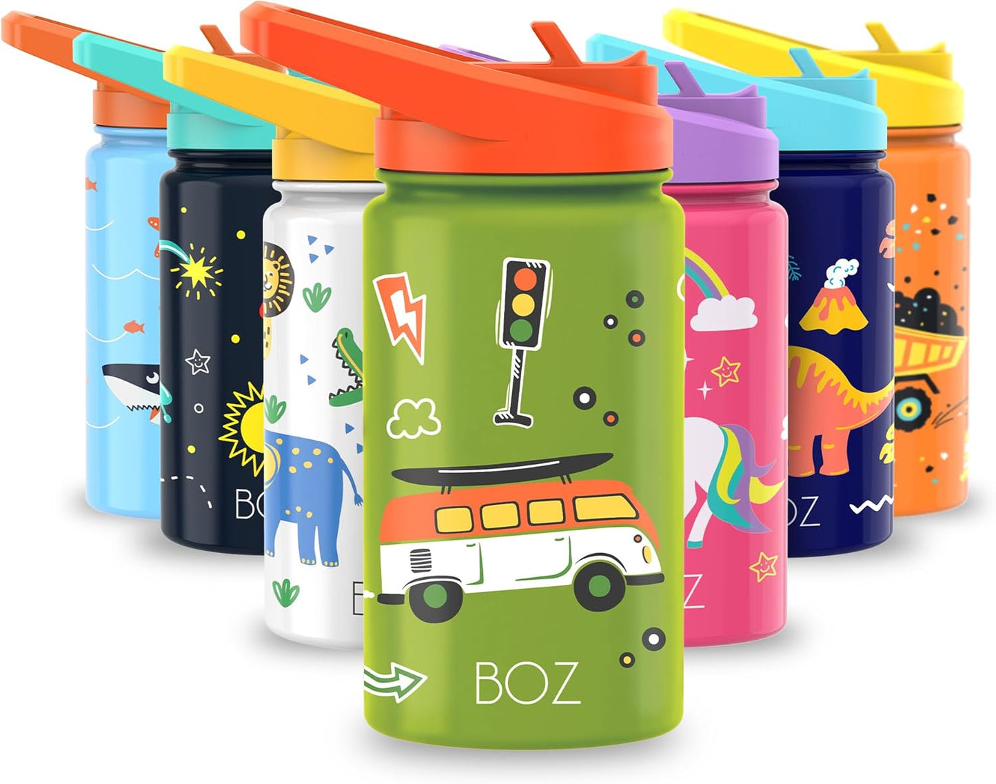 BOZ Kids 14oz Stainless Steel Insulated Water Bottle, Car, Straw Lid, Leak-Proof, BPA-Free, Dishwasher-Safe