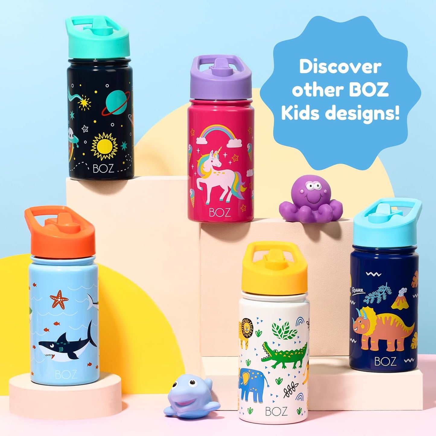BOZ Kids 2-Pack Insulated Water Bottles with Straw Lid, 14 oz - Construction & Dinosaur