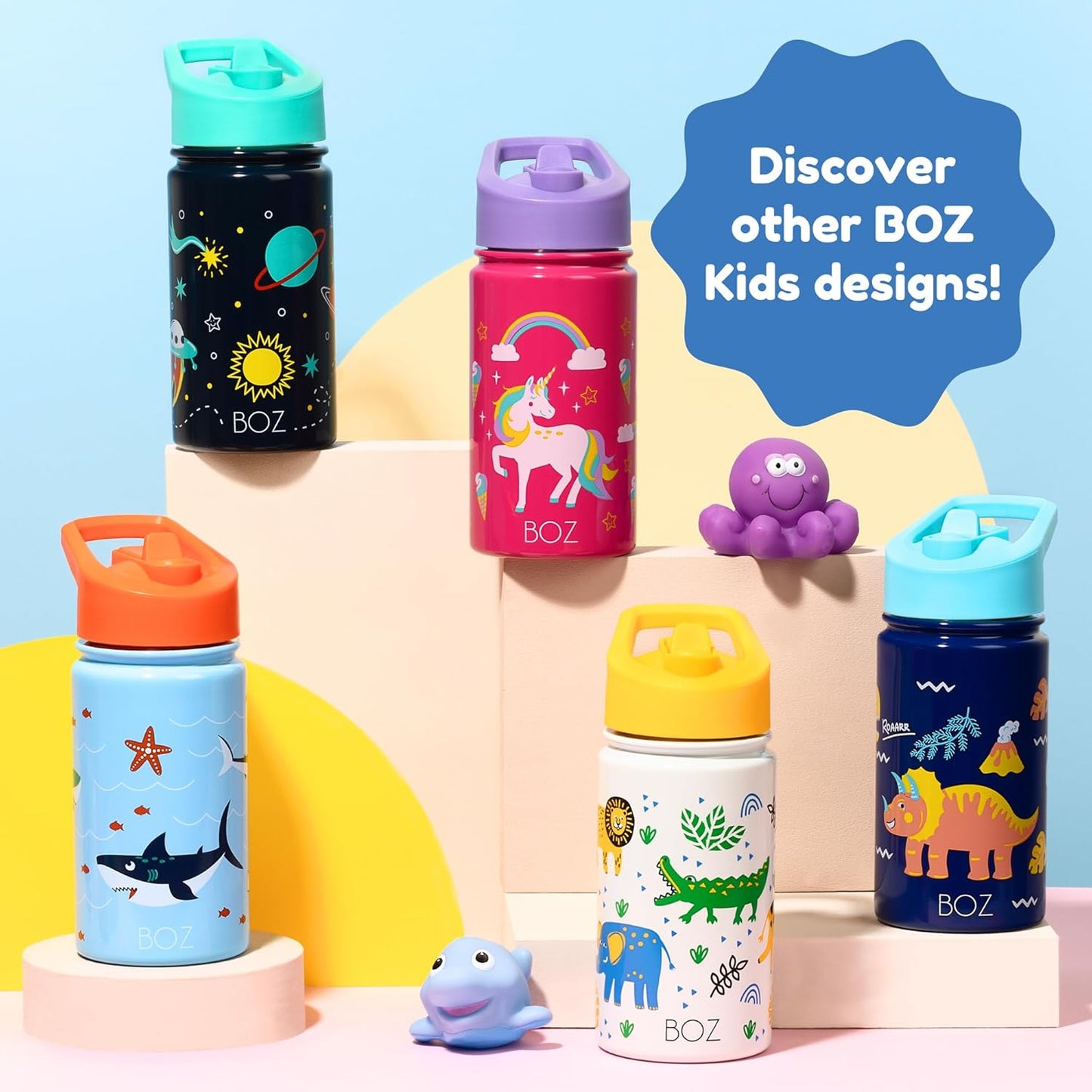 BOZ Kids 2-Pack Insulated Water Bottles with Straw Lid, 14 oz - Construction & Safari