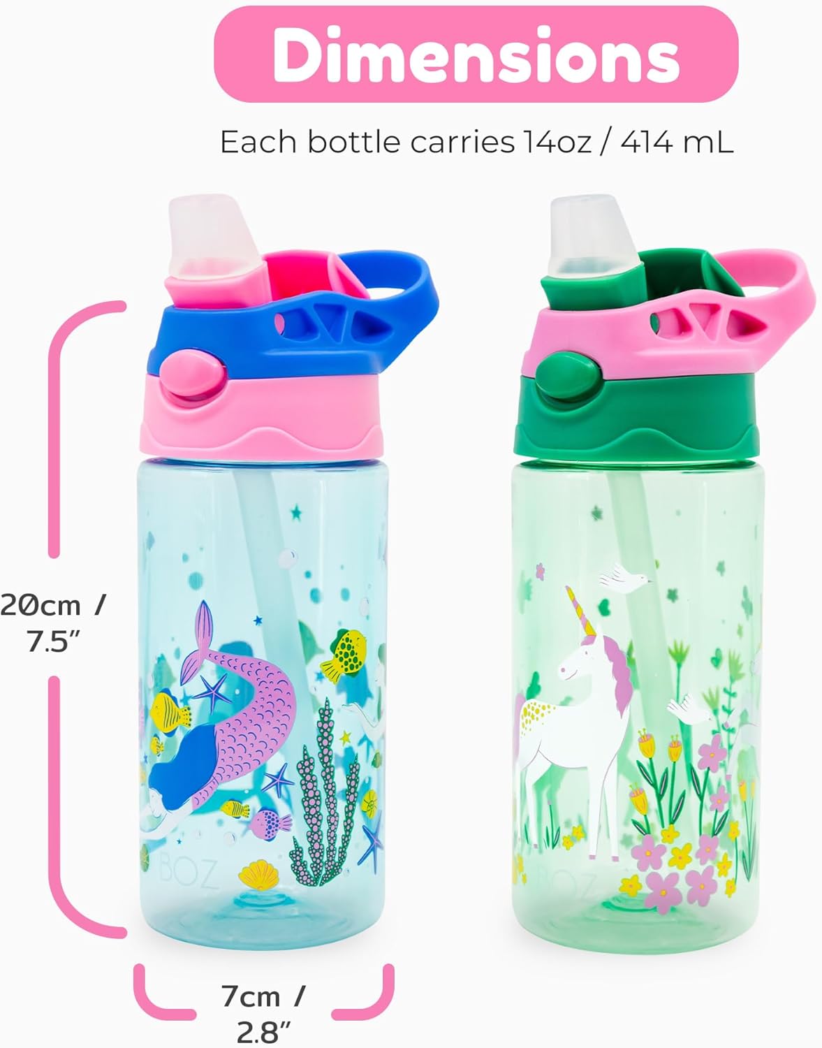 BOZ Kids 2-Pack Flip Water Bottles with Push Button Pop-Up Straw, 14 oz - Mermaid & Unicorn