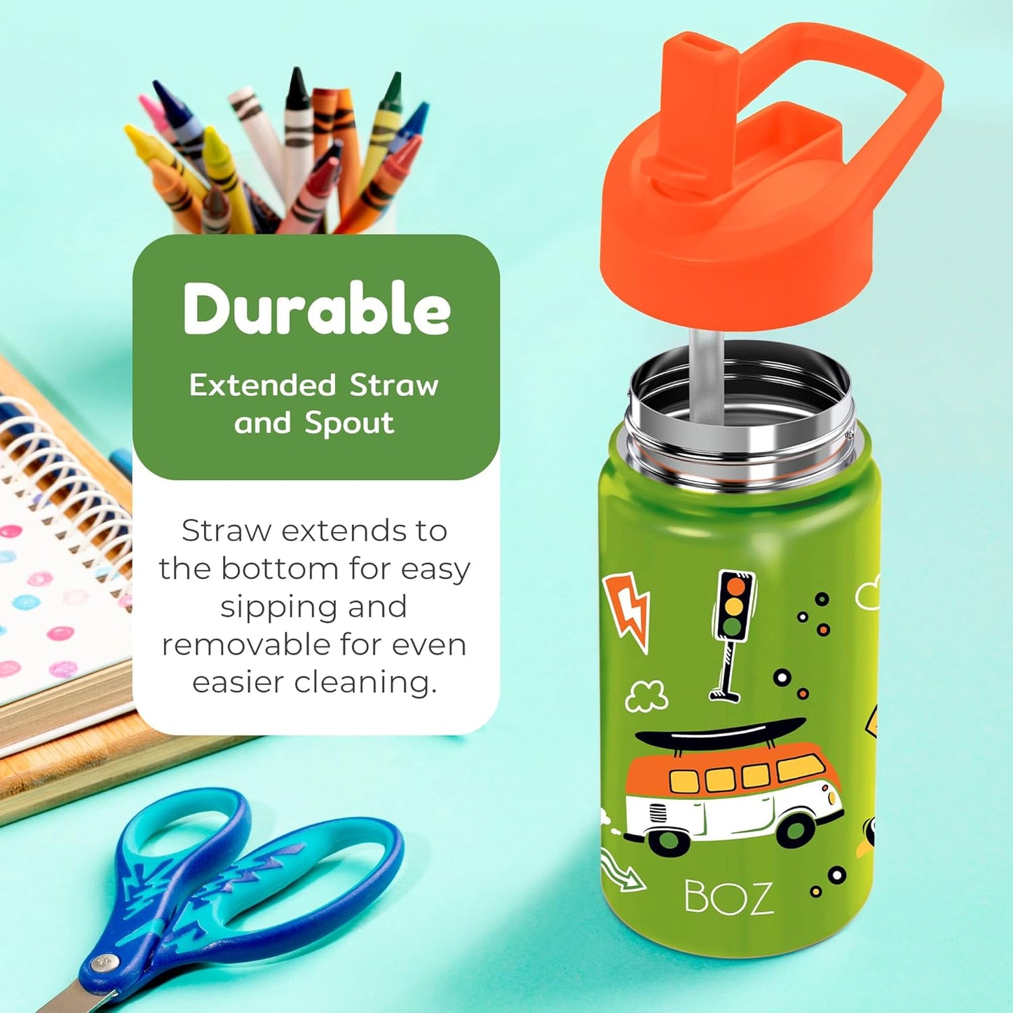 BOZ Kids 2-Pack Insulated Water Bottles with Straw Lid, 14 oz - Game & Car