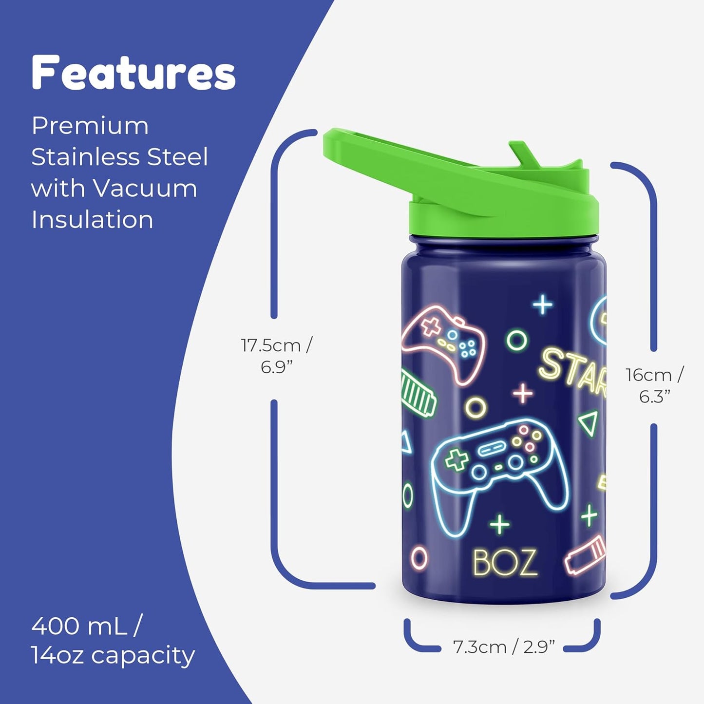 BOZ Kids Insulated Water Bottle with Straw Lid, 14 oz - Game