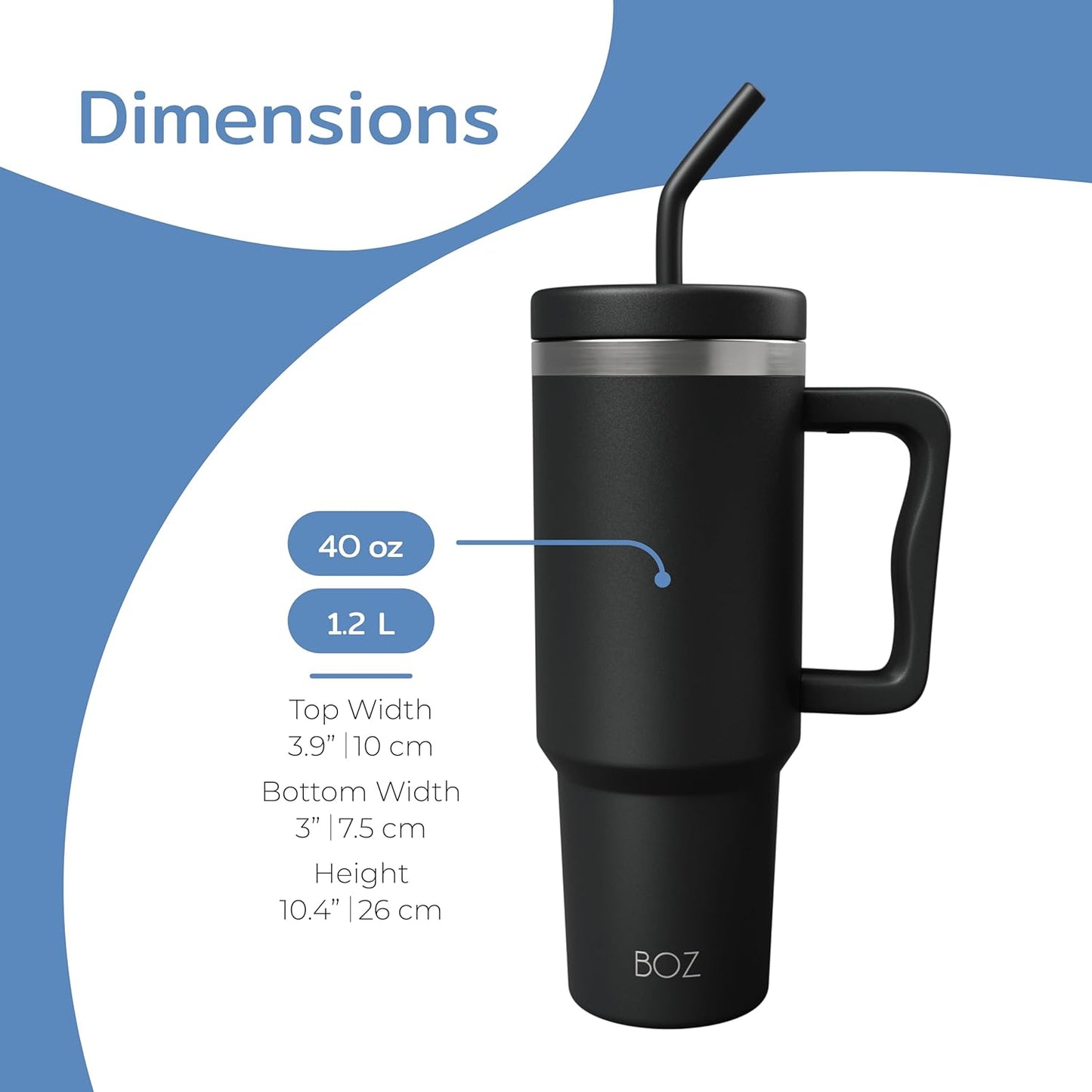 BOZ 40 oz Tumbler with Handle and Straw Lid - Cupholder-Friendly, Insulated Stainless Steel Water Bottle, Reusable Travel Mug, Ideal for Hot & Cold Beverages (Black)