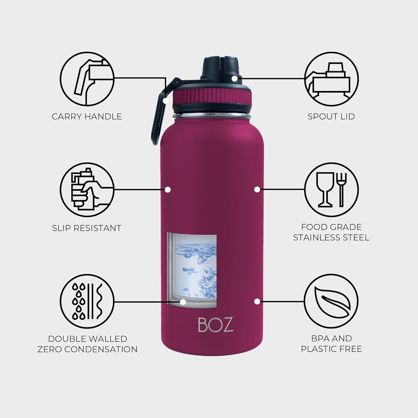 BOZ Stainless Steel Vacuum Insulated Water Bottle 32 oz - Plum