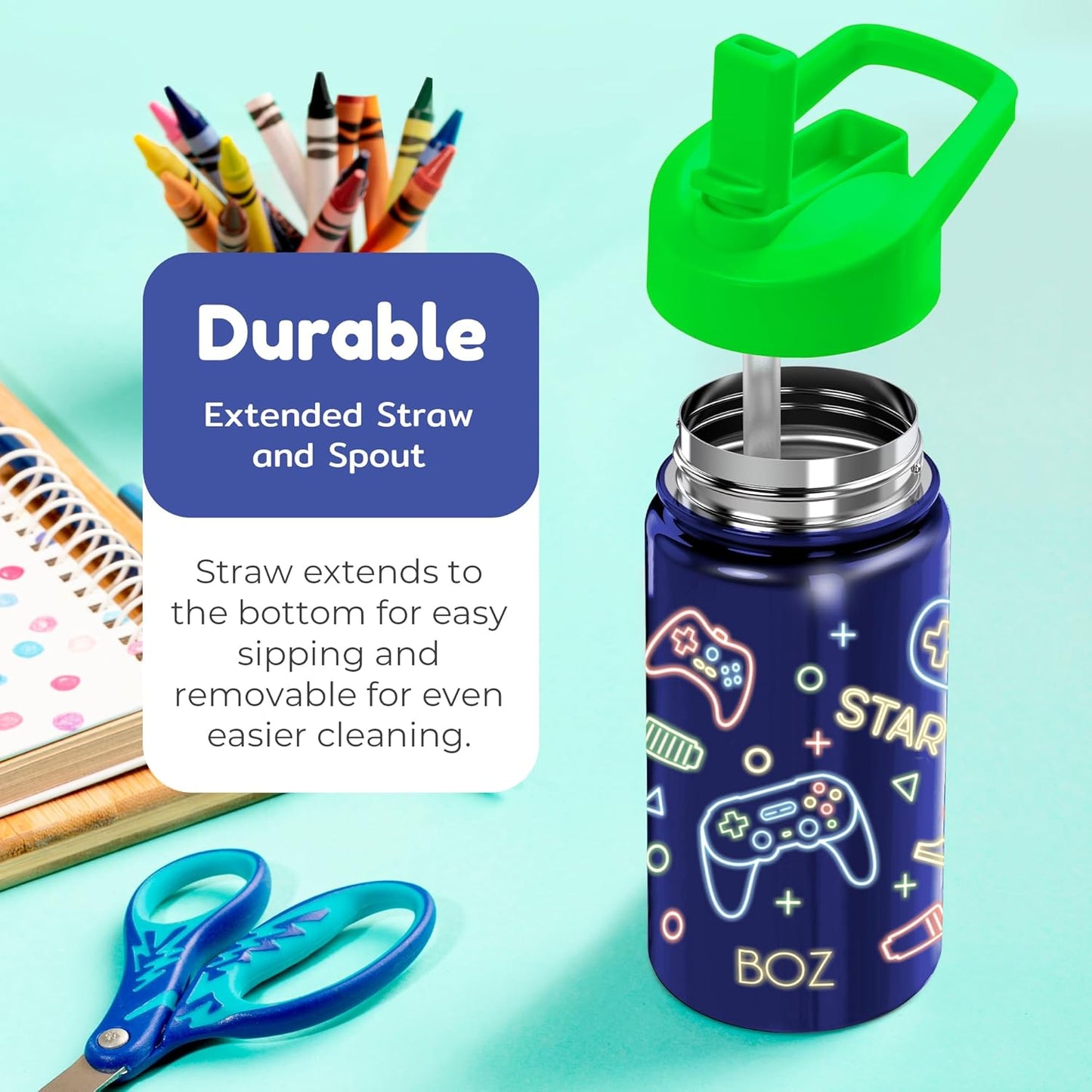 BOZ Kids Insulated Water Bottle with Straw Lid, 14 oz - Game