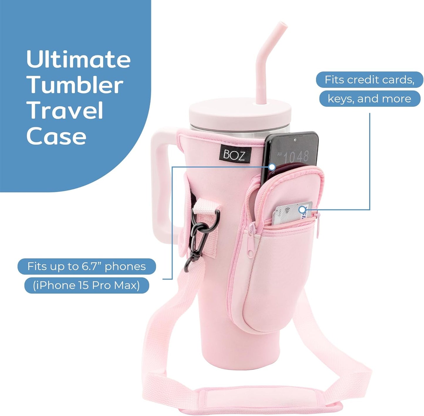BOZ Water Bottle Carrier Bag with Phone Pocket - 40oz/1.2L Tumbler Carrier with Strap, Adjustable Water Bottle Holder, Sling Bag, Neoprene Protection, Water Bottle Holder with Strap (Pink)