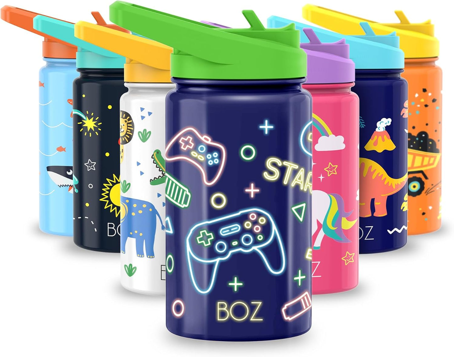 BOZ Kids 14oz Stainless Steel Insulated Water Bottle, Game, Straw Lid, Leak-Proof, BPA-Free, Dishwasher-Safe