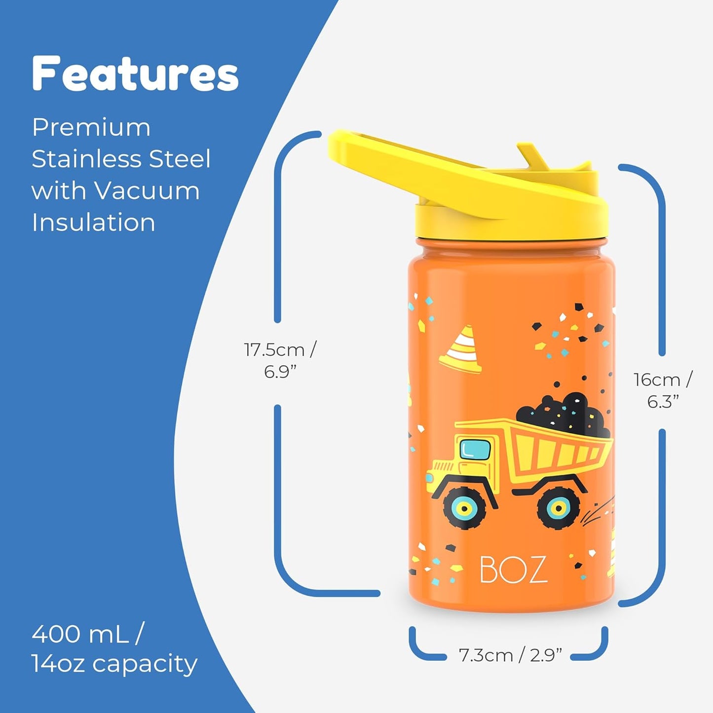 BOZ Kids 2-Pack Insulated Water Bottles with Straw Lid, 14 oz - Construction & Safari