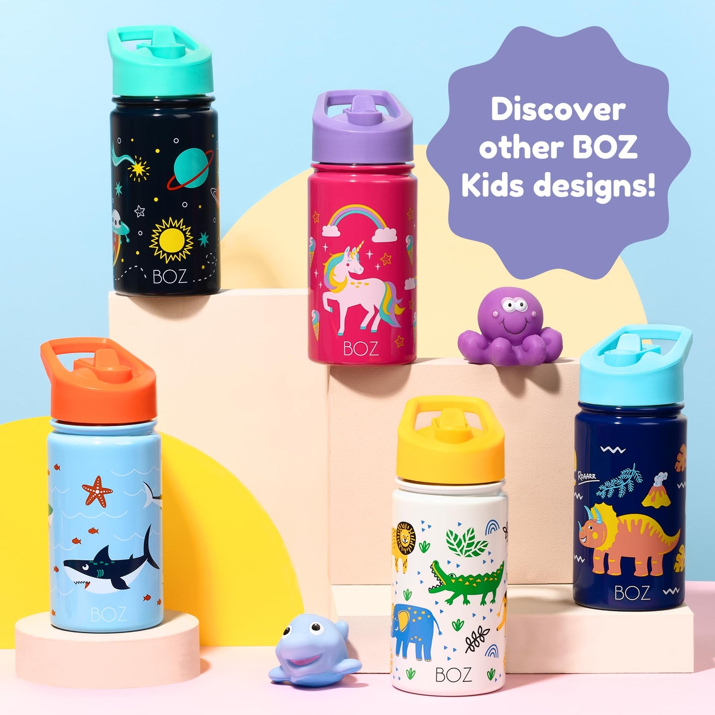 BOZ Kids 14oz Stainless Steel Insulated Water Bottles 2-Pack, Shark & Dinosaur, Straw Lid, Leak-Proof, BPA-Free, Dishwasher-Safe