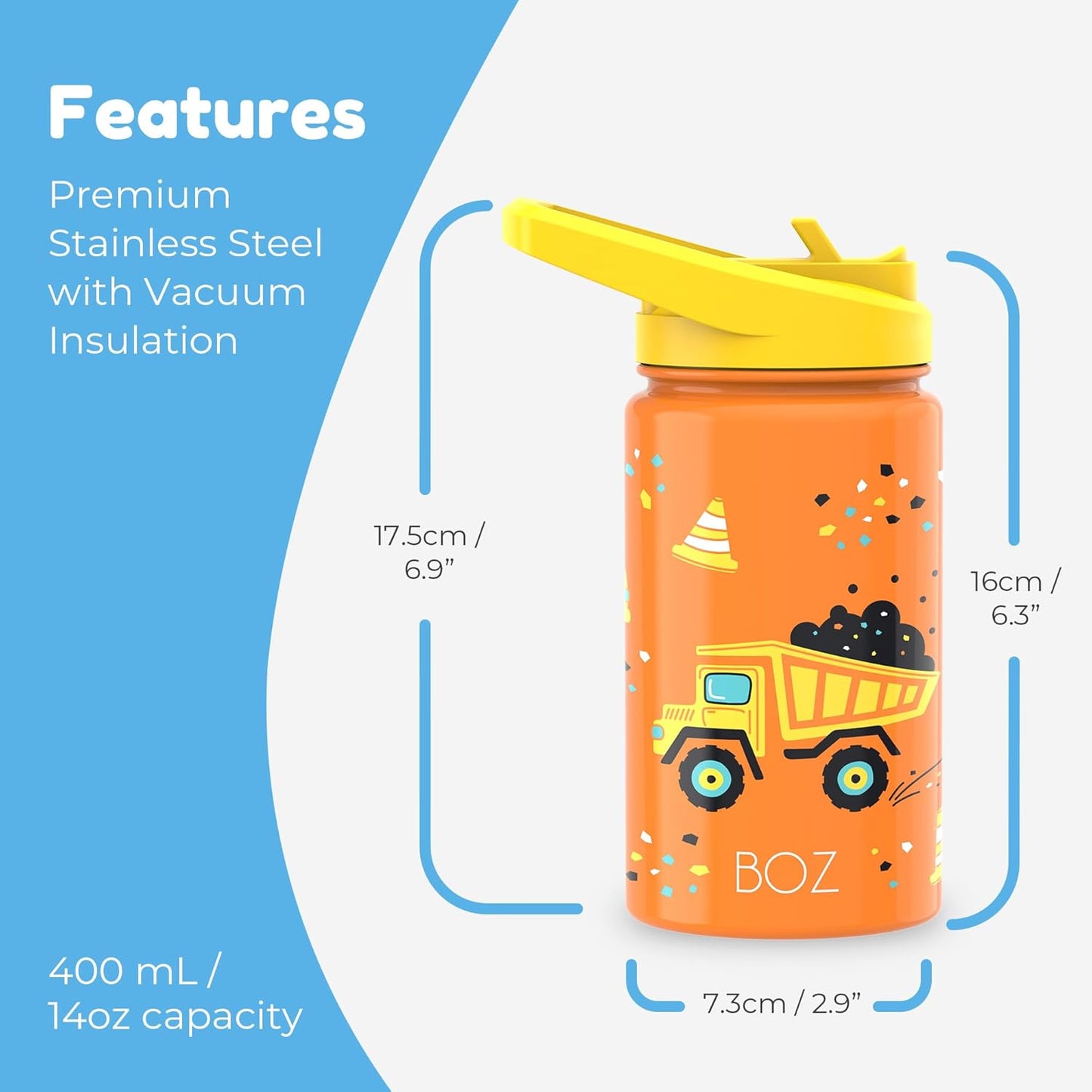 BOZ Kids 2-Pack Insulated Water Bottles with Straw Lid, 14 oz - Construction & Dinosaur