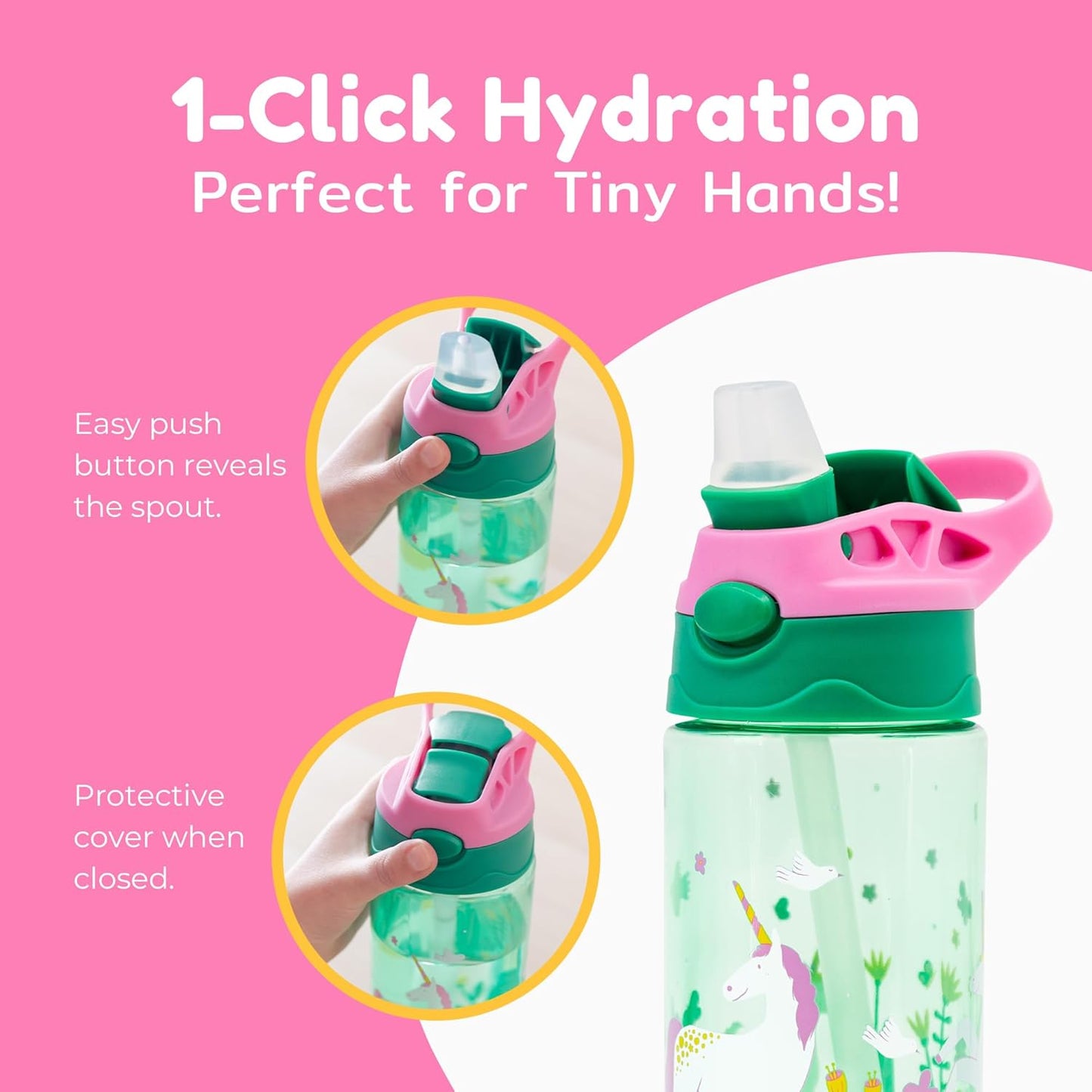 BOZ Kids 2-Pack Flip Water Bottles with Push Button Pop-Up Straw, 14 oz - Mermaid & Unicorn