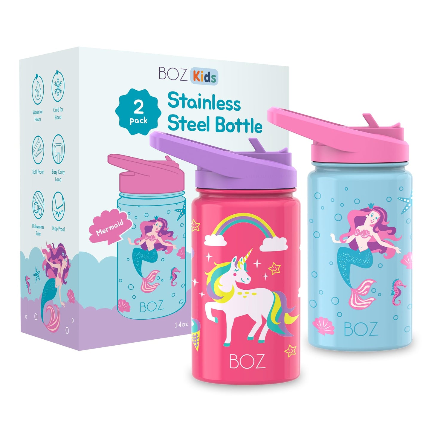 BOZ Kids 2-Pack Insulated Water Bottles with Straw Lid, 14 oz - Unicorn & Mermaid