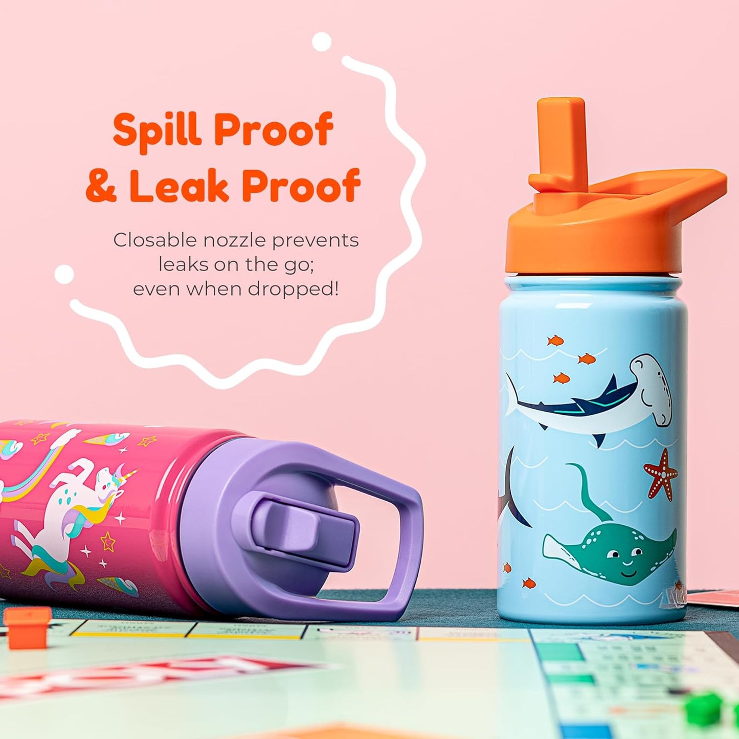 BOZ Kids Insulated Water Bottle with Straw Lid, 14 oz - Cars