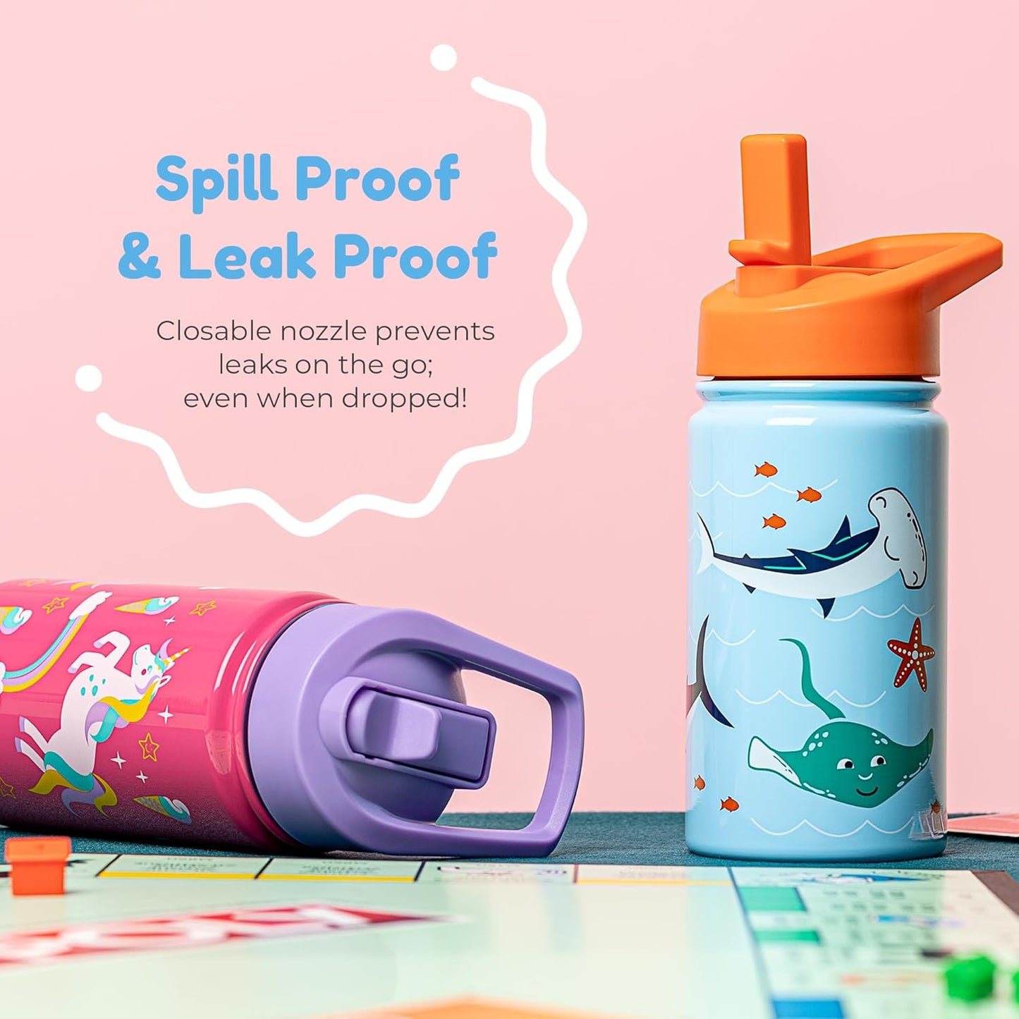 BOZ Kids 2-Pack Insulated Water Bottles with Straw Lid, 14 oz - Construction & Dinosaur