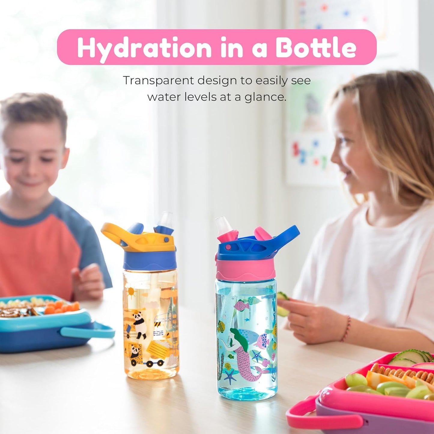 BOZ Kids 2-Pack Flip Water Bottles with Push Button Pop-Up Straw, 14 oz - Mermaid & Unicorn