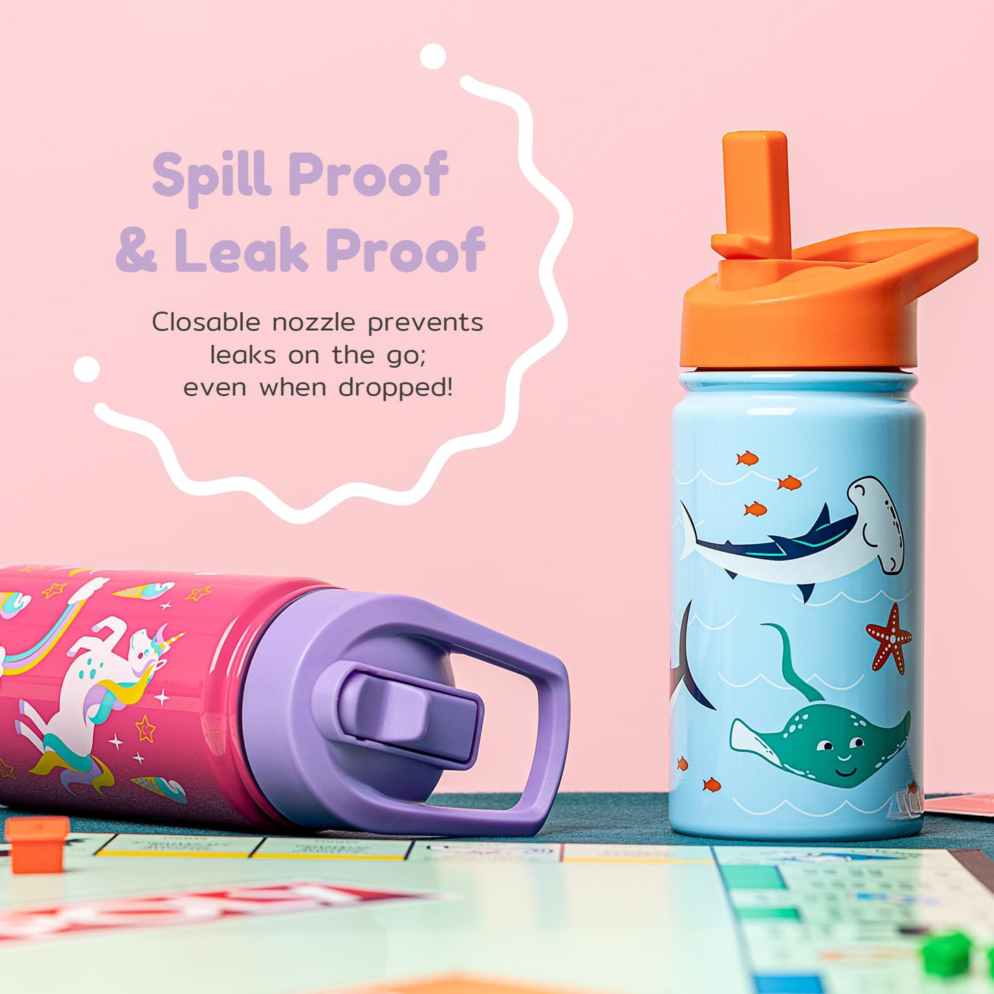 BOZ Kids 2-Pack Insulated Water Bottles with Straw Lid, 14 oz - Unicorn & Mermaid