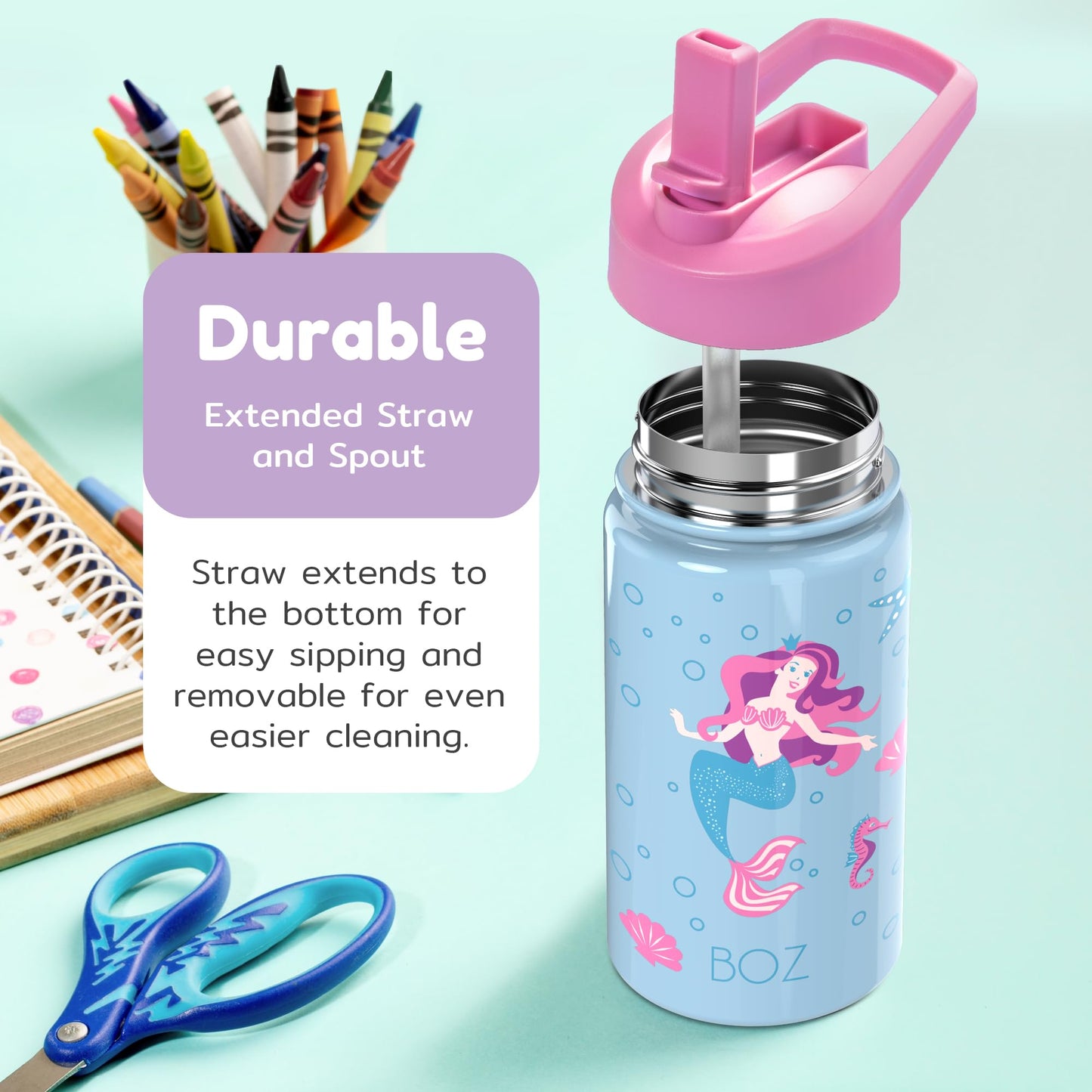 BOZ Kids 2-Pack Insulated Water Bottles with Straw Lid, 14 oz - Unicorn & Mermaid