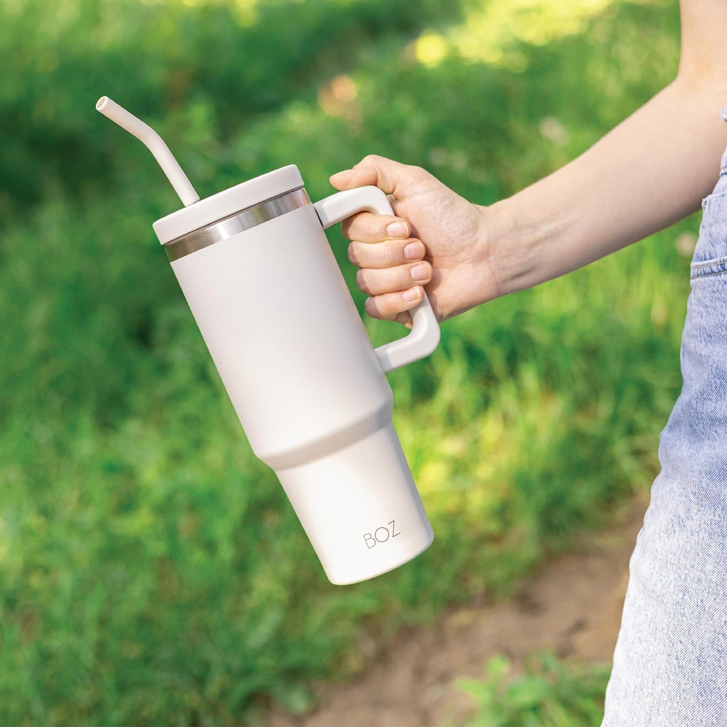 BOZ 40 oz Tumbler with Handle and Straw Lid - Cupholder-Friendly, Insulated Stainless Steel Water Bottle (White)