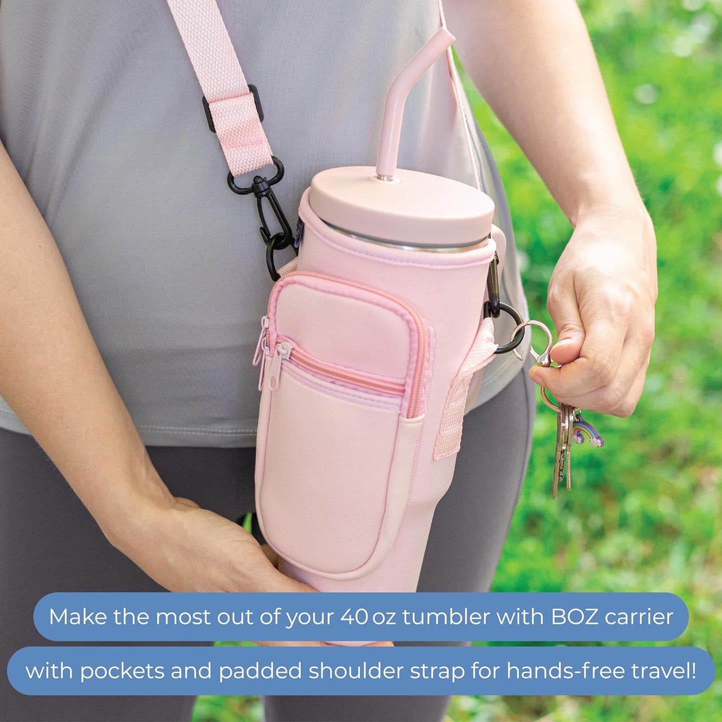 BOZ 40 oz Tumbler with Handle and Straw Lid - Cupholder-Friendly, Insulated Stainless Steel Water Bottle, Reusable Travel Mug, Ideal for Hot & Cold Beverages (Pink)