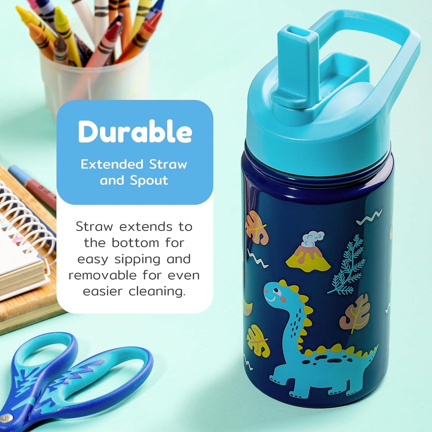 BOZ Kids 2-Pack Insulated Water Bottles with Straw Lid, 14 oz - Construction & Dinosaur