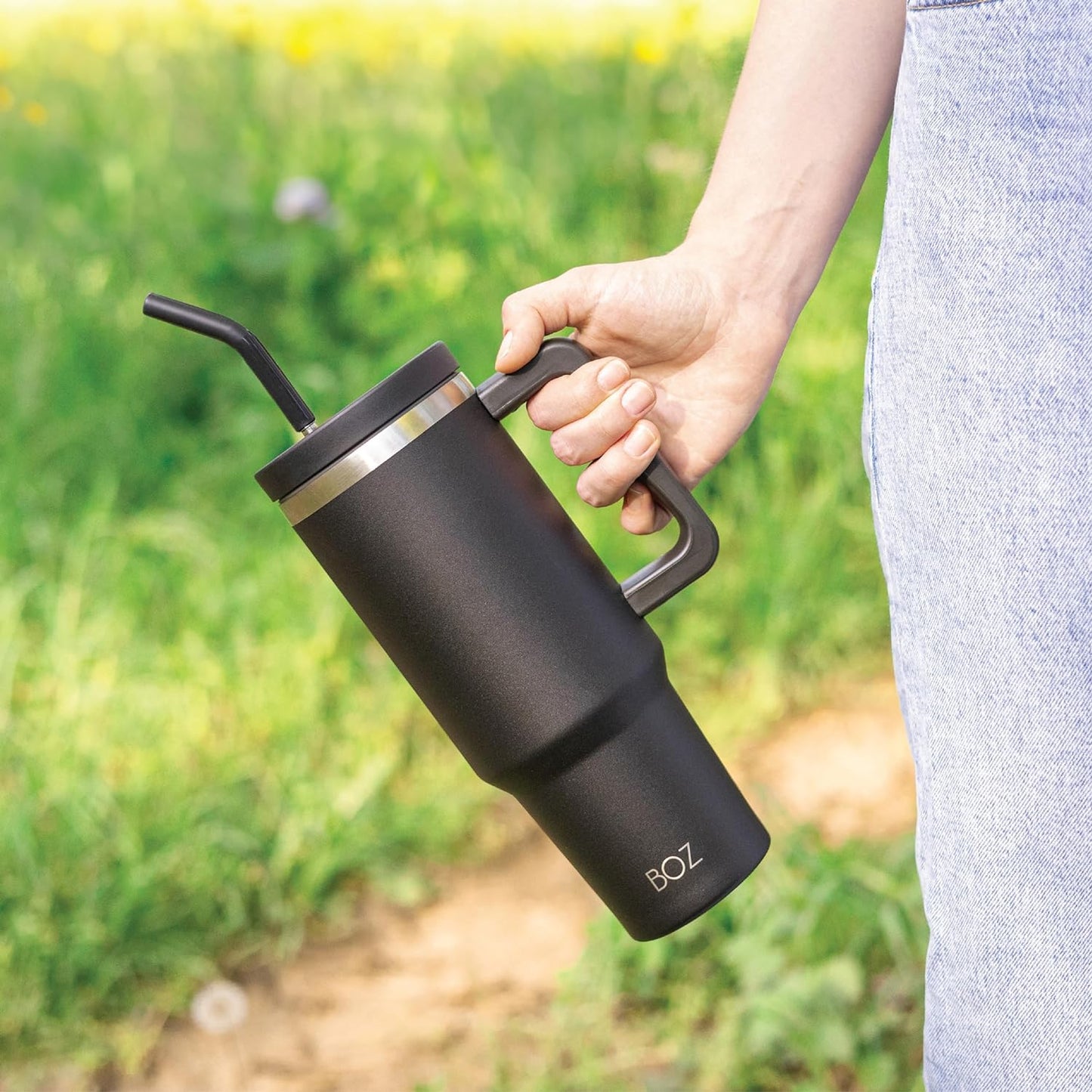 BOZ 40 oz Tumbler with Handle and Straw Lid - Cupholder-Friendly, Insulated Stainless Steel Water Bottle, Reusable Travel Mug, Ideal for Hot & Cold Beverages (Black)