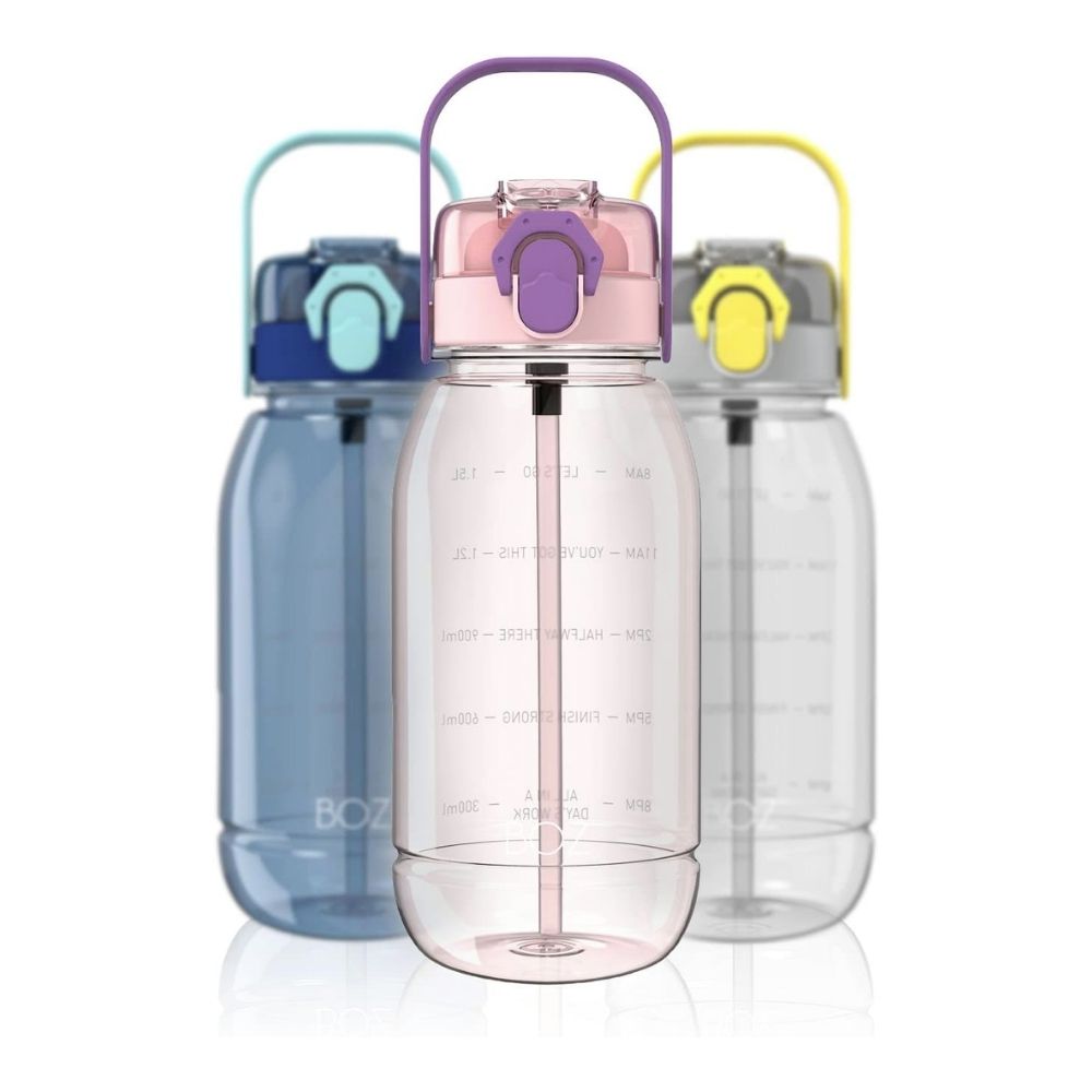 BOZ 60 oz extra large pink water bottle with straw and dual lid