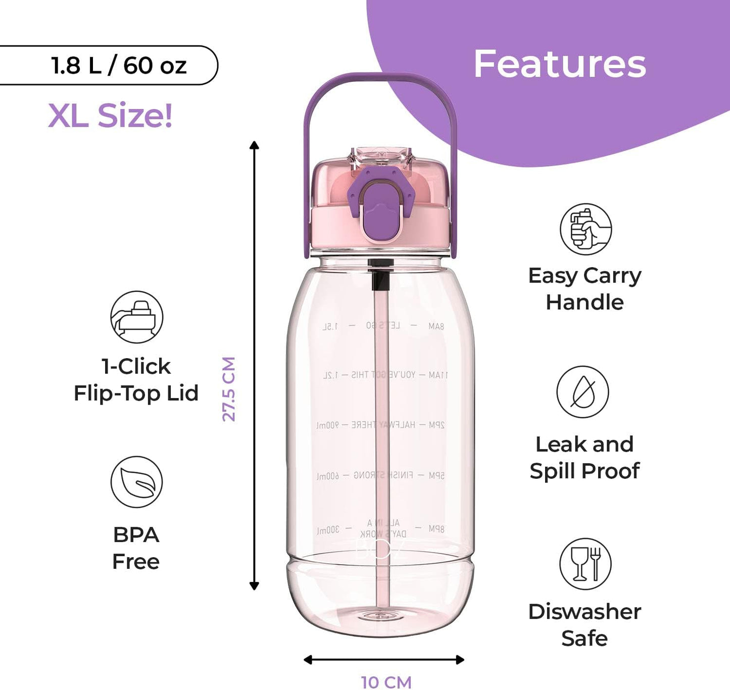 BOZ 60 oz pink water bottle features