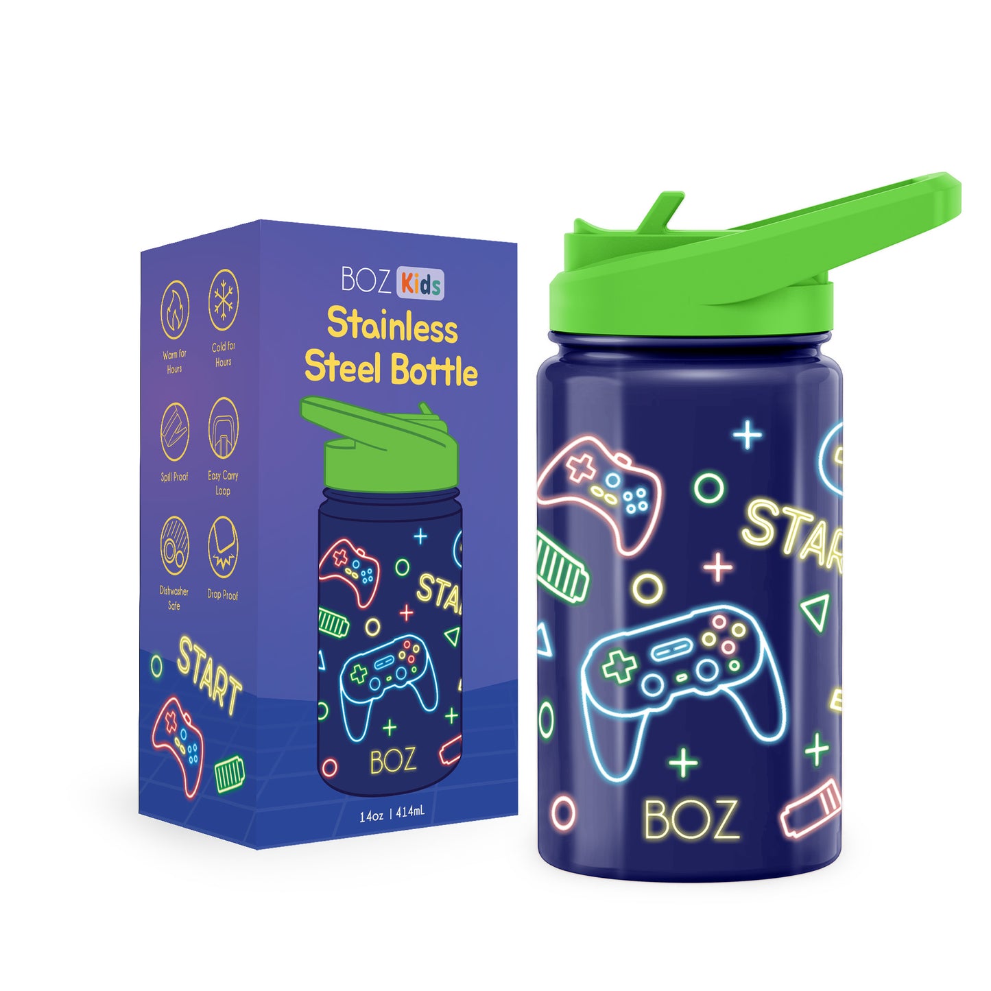 BOZ Kids Insulated Water Bottle with Straw Lid, 14 oz - Game
