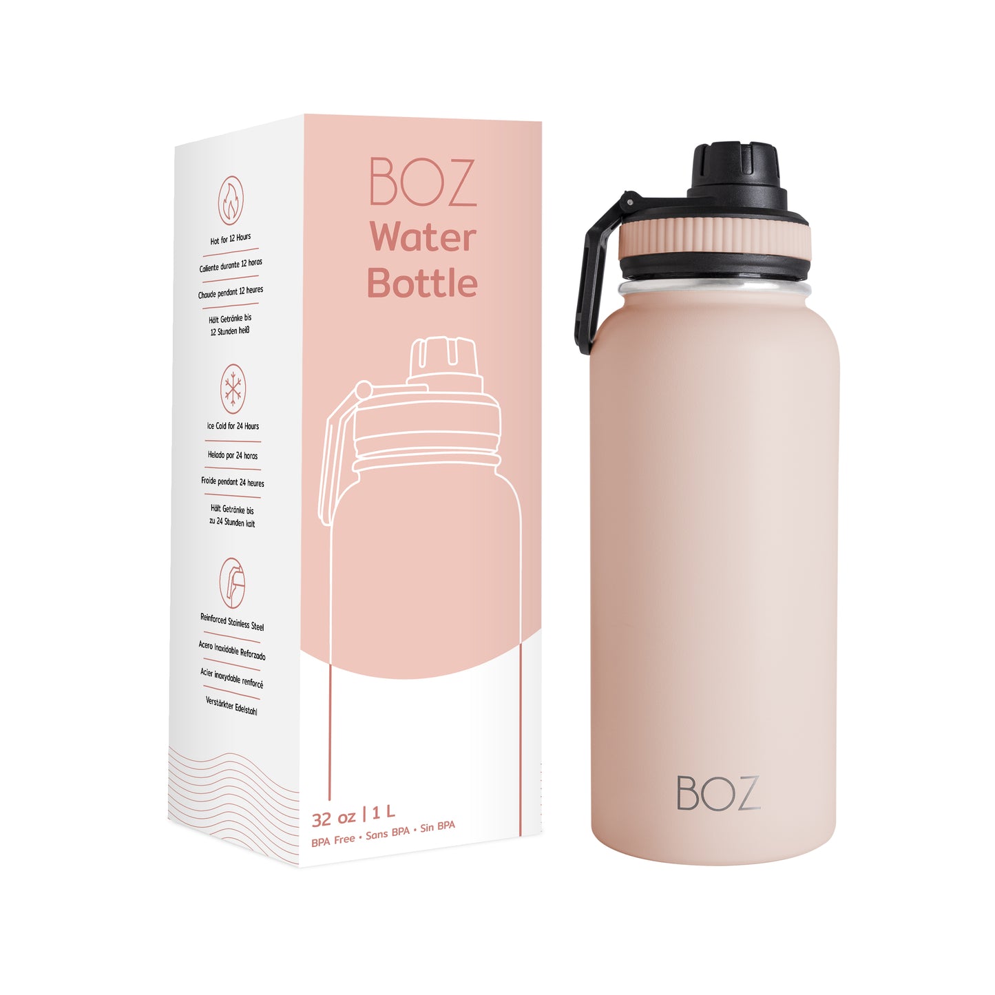 BOZ Stainless Steel Vacuum Insulated Water Bottle 32 oz - Pink