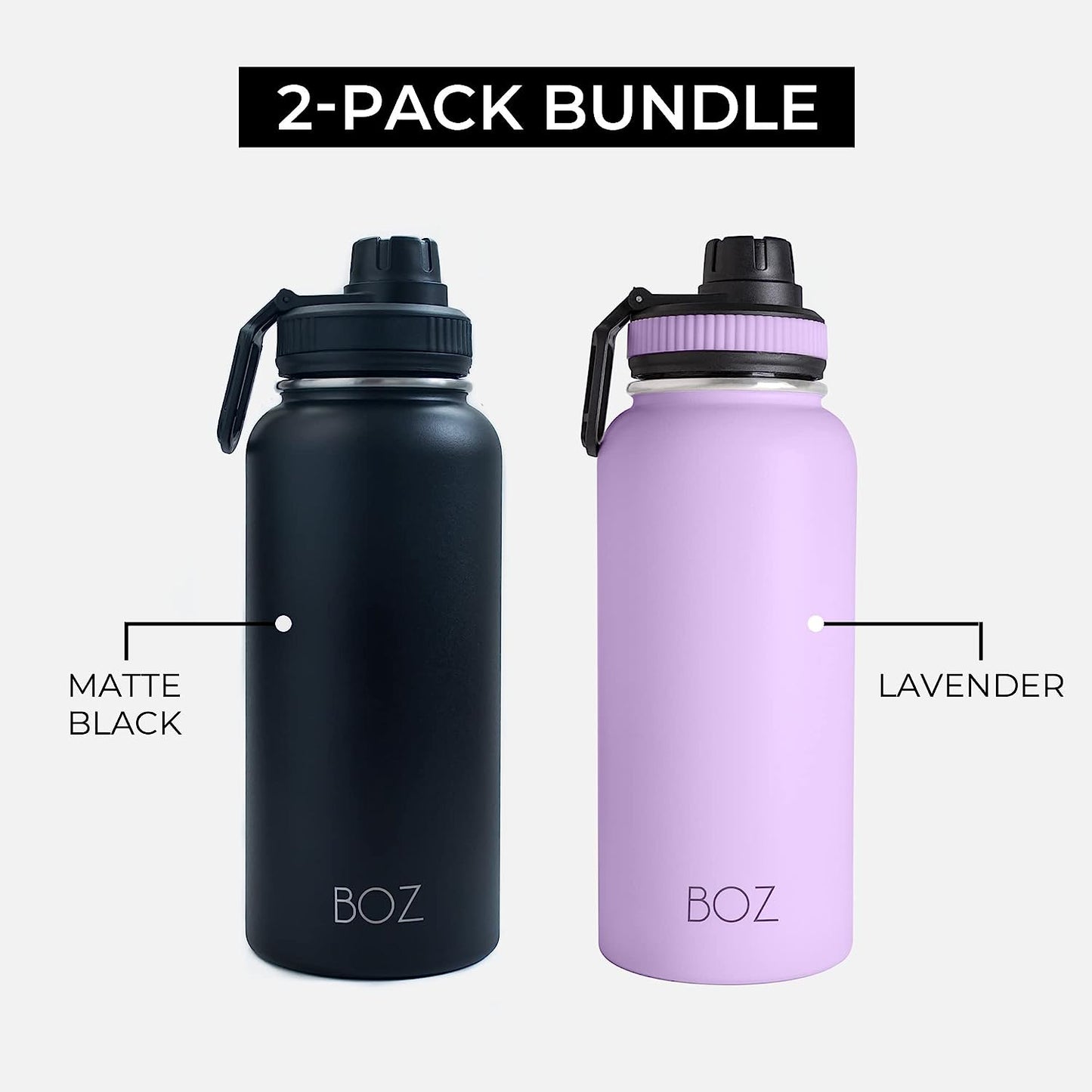 2 pack black and lavender stainless steel water bottle bundle