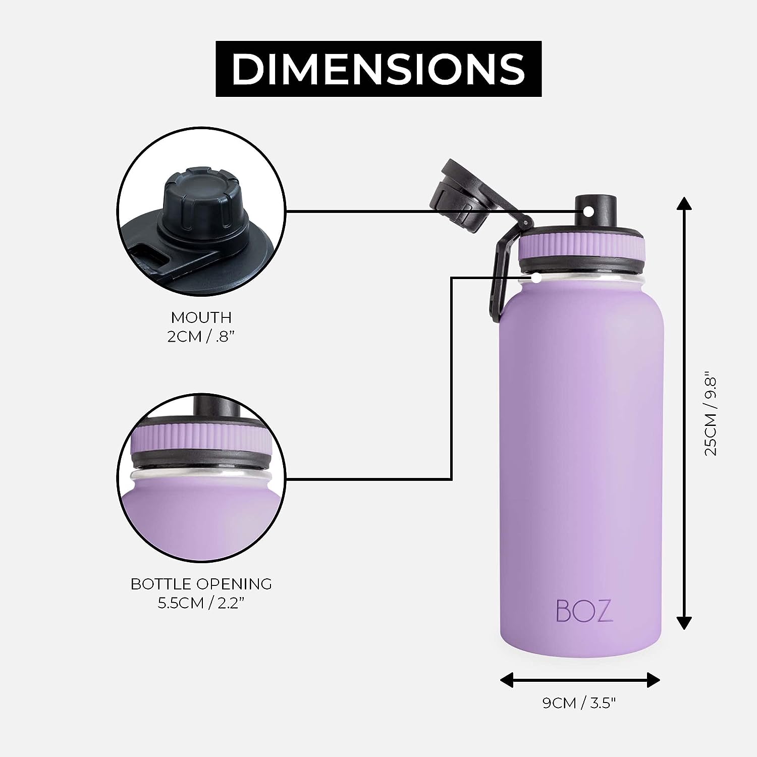 2 pack black and lavender stainless steel water bottle dimensions