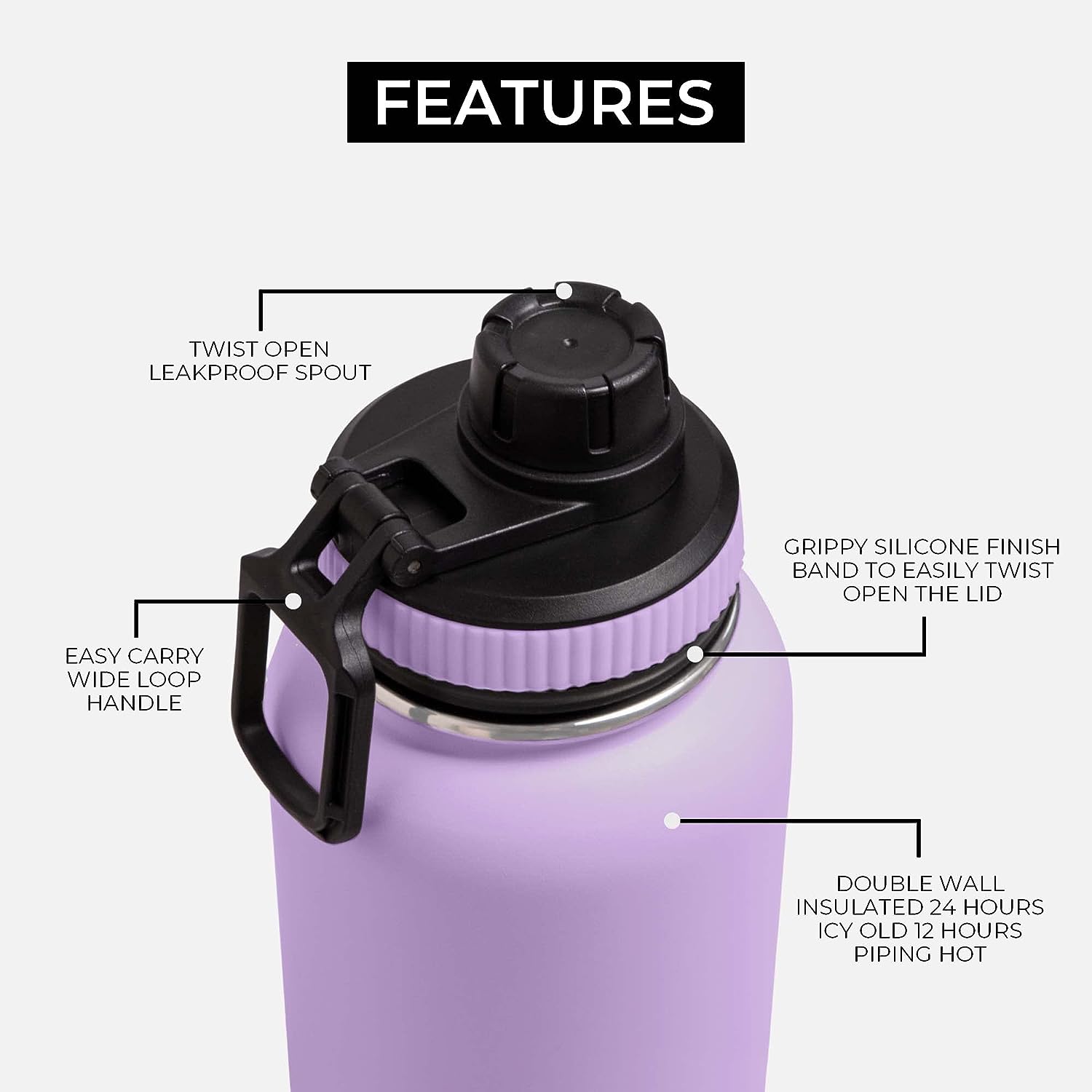 2 pack black and lavender stainless steel water bottle features