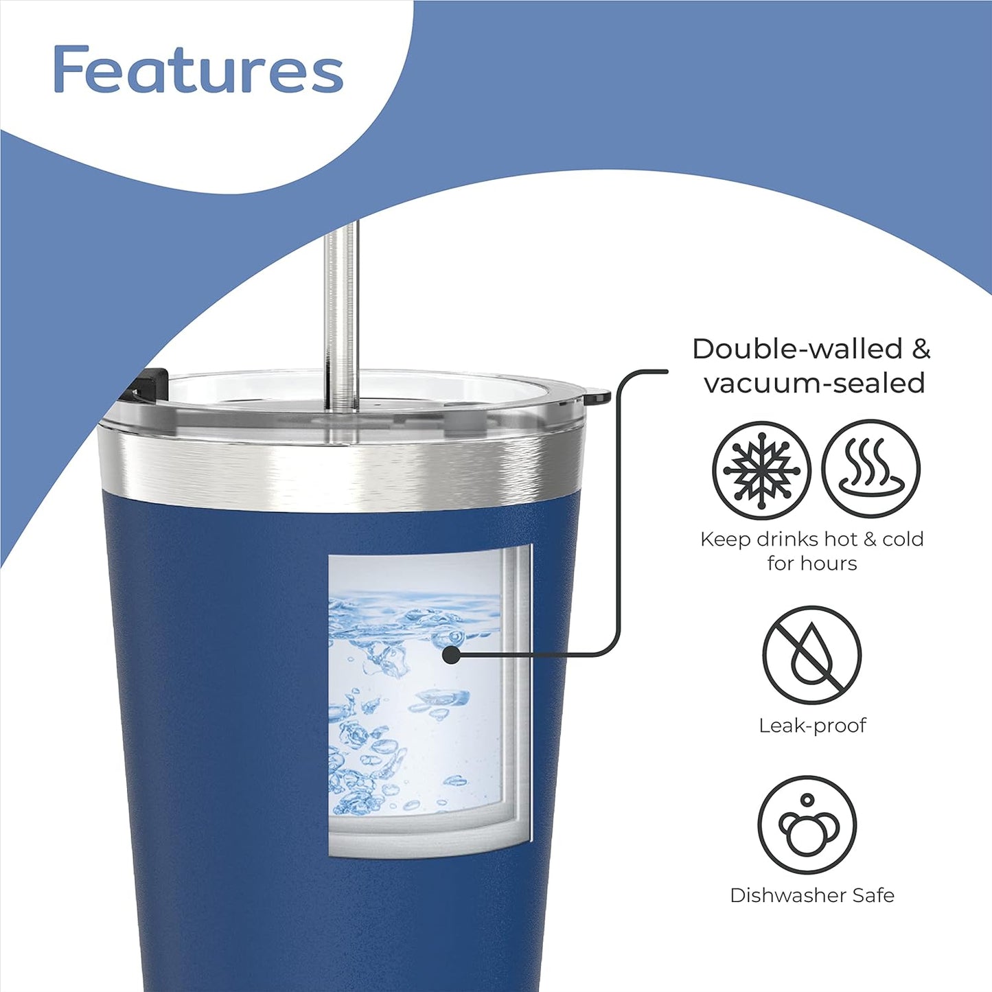 22 oz blue stainless steel tumbler features