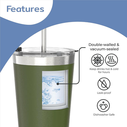 22 oz green stainless steel tumbler features