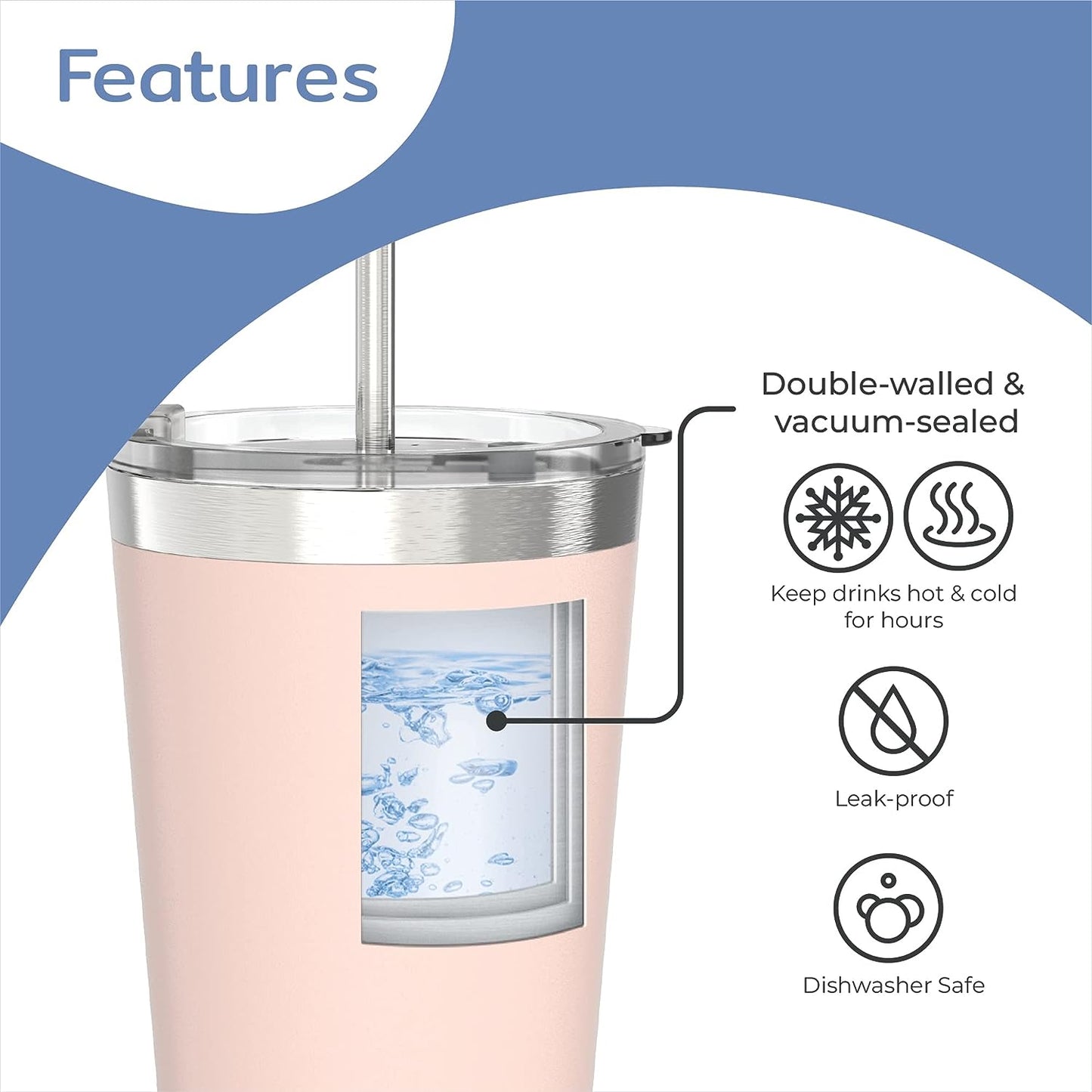 22 oz pink stainless steel tumbler features