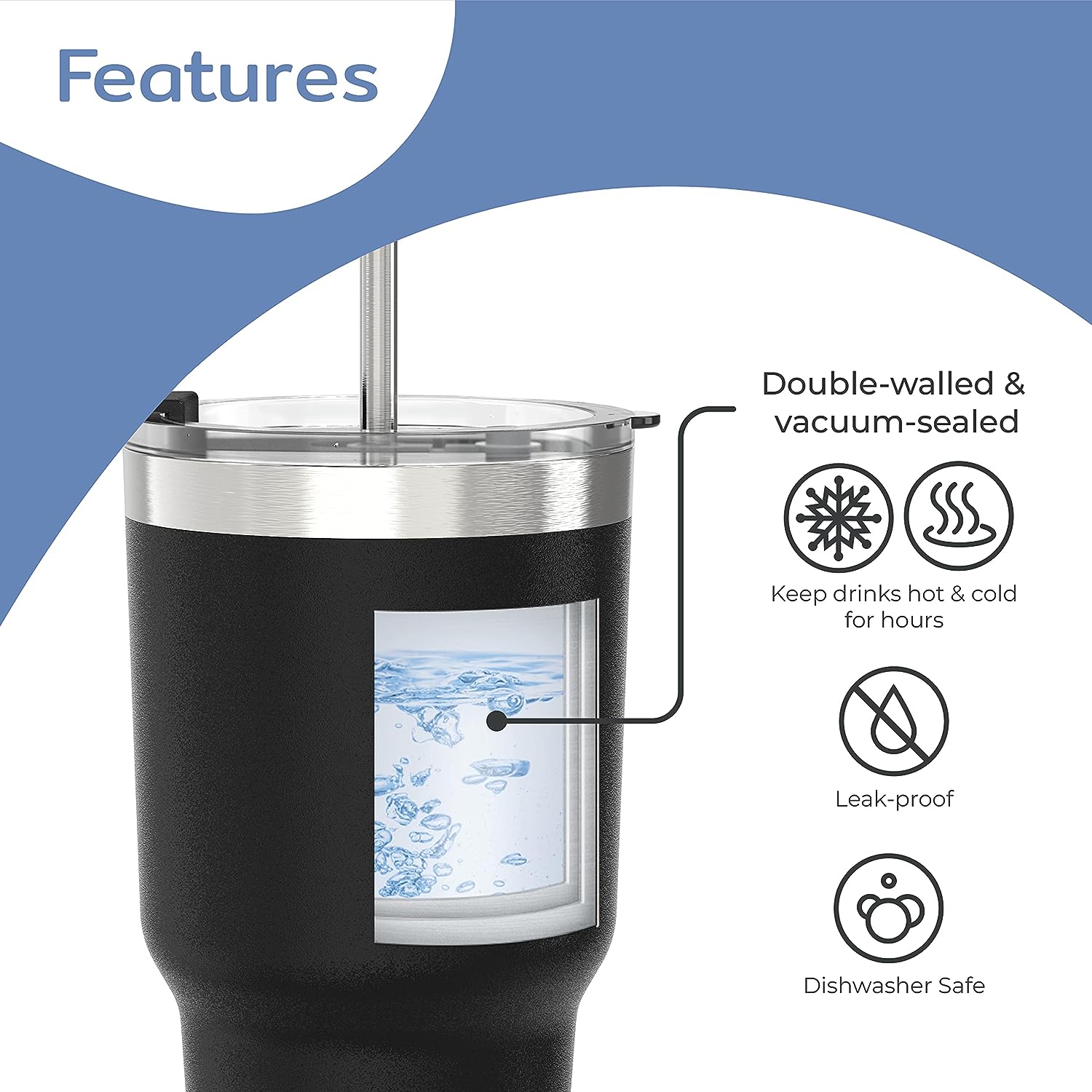 30 oz black stainless steel tumbler features